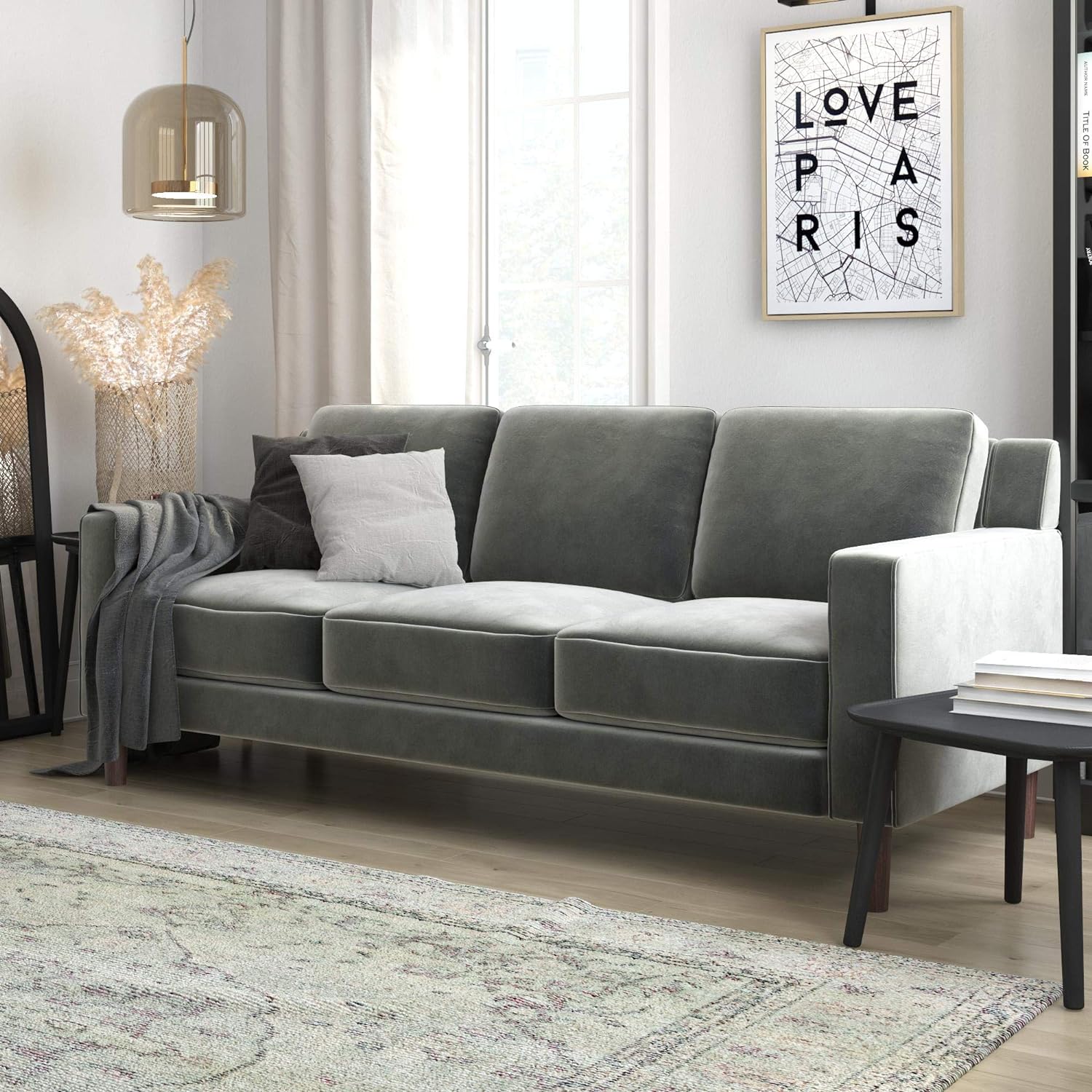 DHP Brynn Loveseat Upholstered Living Room Furniture Velvet Sofa, 3 Seater, Gray