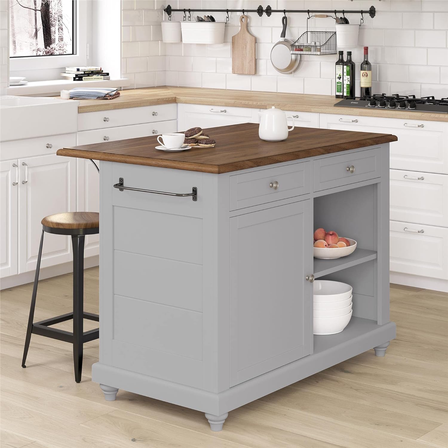 DHP Kelsey Kitchen Island with 2 Stools, Gray