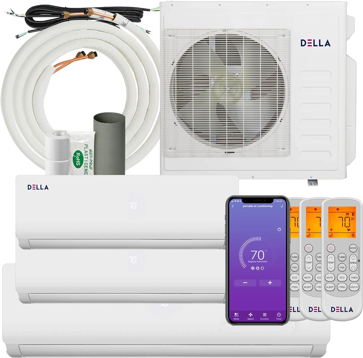 Della 36K BTU ODU Tri 3 Zone 12K 12K 24K BTU 19 SEER2 208-230V Cools Up to 2600 Sq.Ft Wifi Energy Efficient Multi Zone Ductless Mini Split Air Conditioner Pre-Charged Heat Pump Full Set