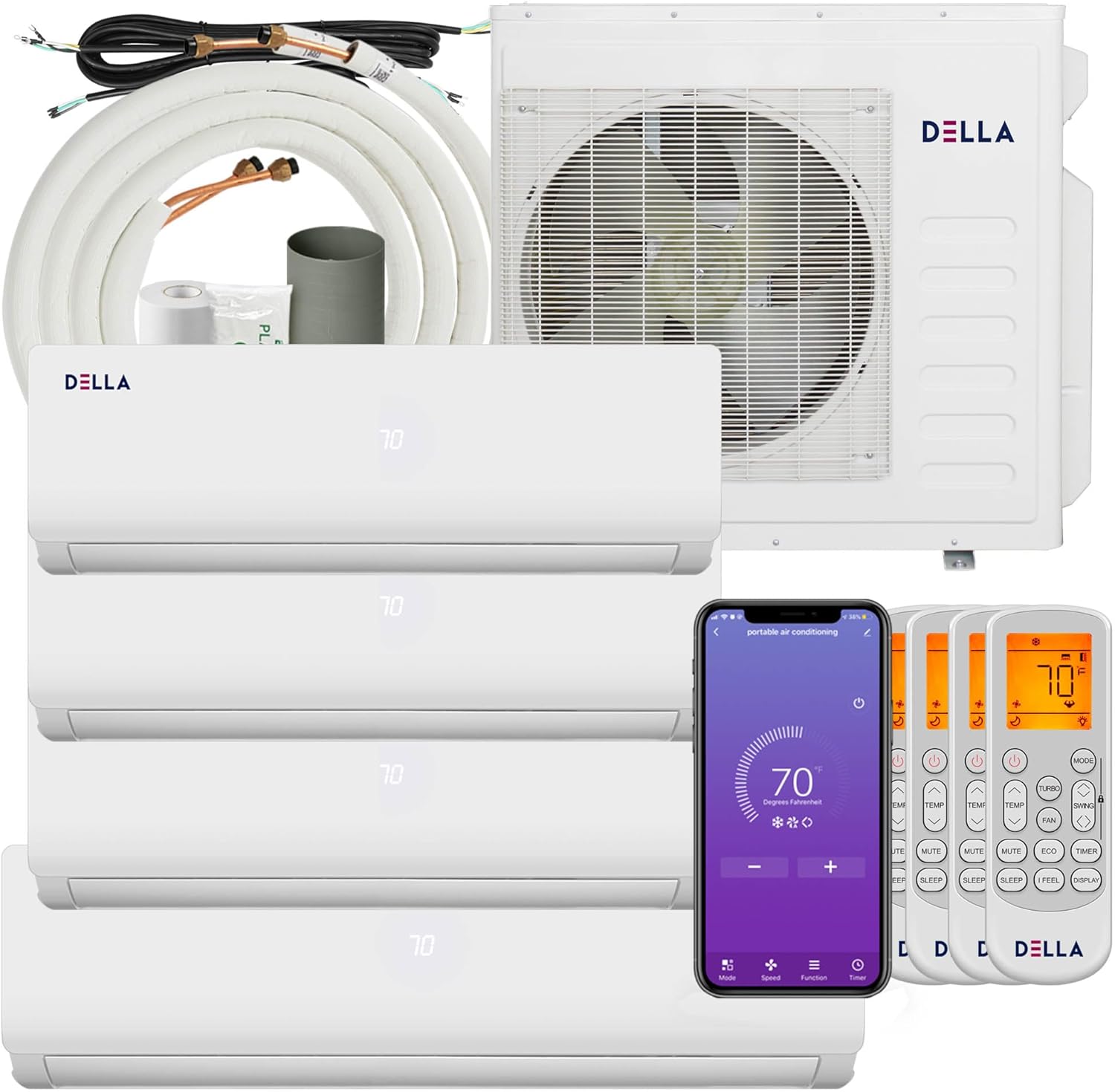 Della 36K BTU ODU Quad 4 Zone(9K 9K 12K 18K) 19 SEER2 208-230V Cools Up to 2350 Sq.Ft Wifi Energy Efficient Multi Zone Ductless Mini Split Air Conditioner Pre-Charged Heat Pump Full Set