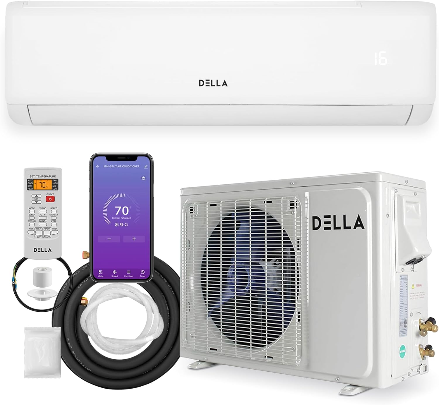 DELLA 12000 BTU Mini Split AC 21 SEER2 Cools Up to 550 Sq.Ft, 208-230V, Works with Alexa, Wifi Enabled Air Conditioner & Heater with 1 Ton Pre-Charged Heat Pump (R32 Refrigerant) (QC Series)