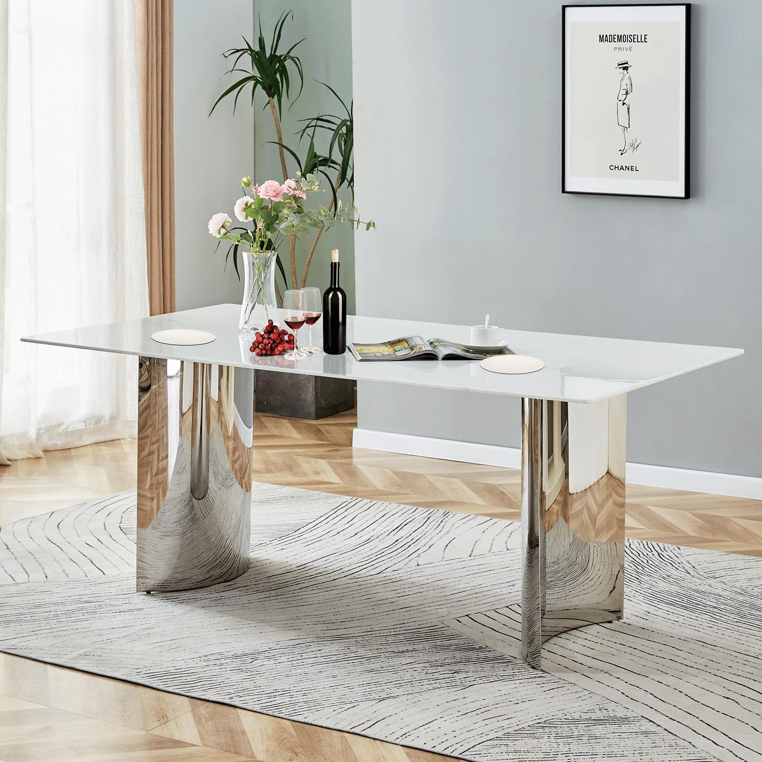 MEMUY 73White Dining Table,Rectangle Faux Marble Kitchen Table Top with Silver Metal Base,Scratching Resistance Glass Dining Table for 4-6 Person,Thickness Modern Dinner Table