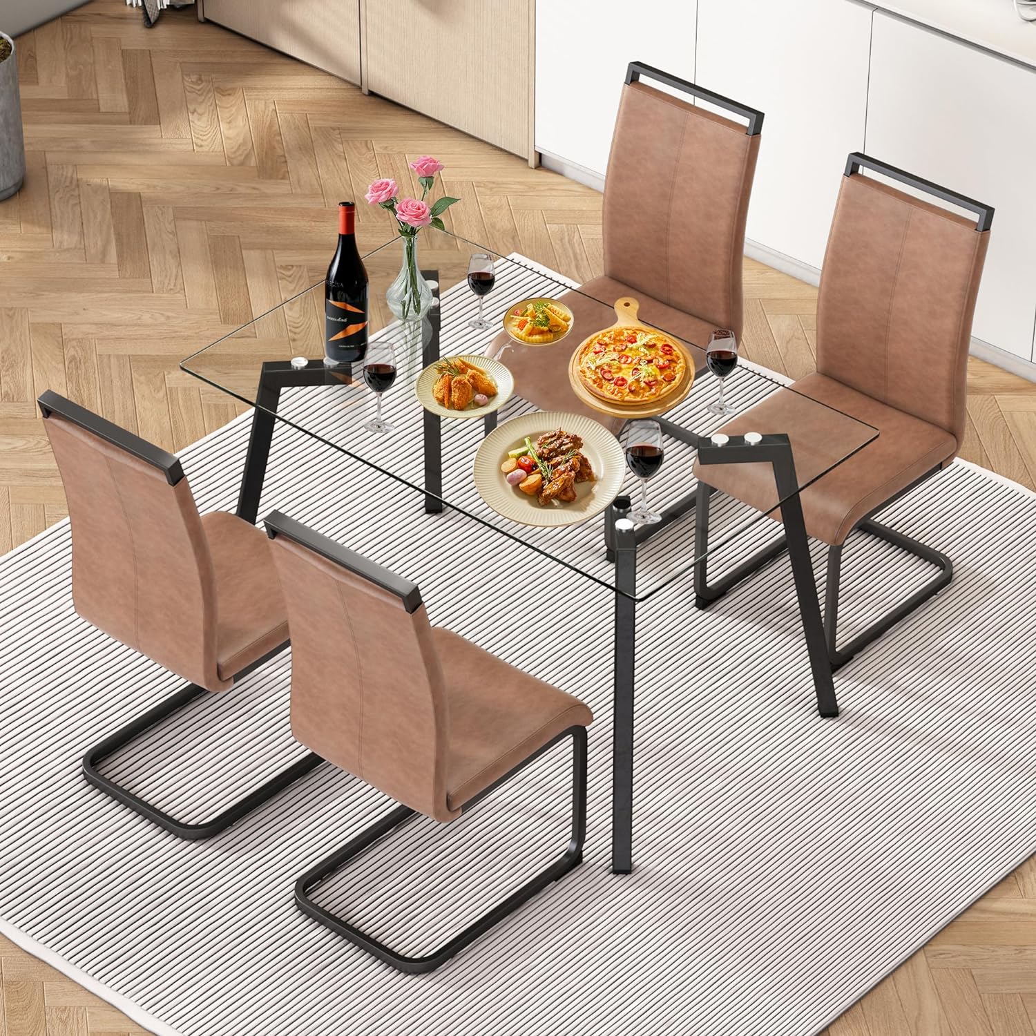 Glass Dining Room Table Set for 4 with Brown Fabric Cloth Chairs,51" Small Kitchen Room Table Chairs, 0.31" Thick Clear Glass Rectangle Table Top with Black Metal Legs for Kitchen