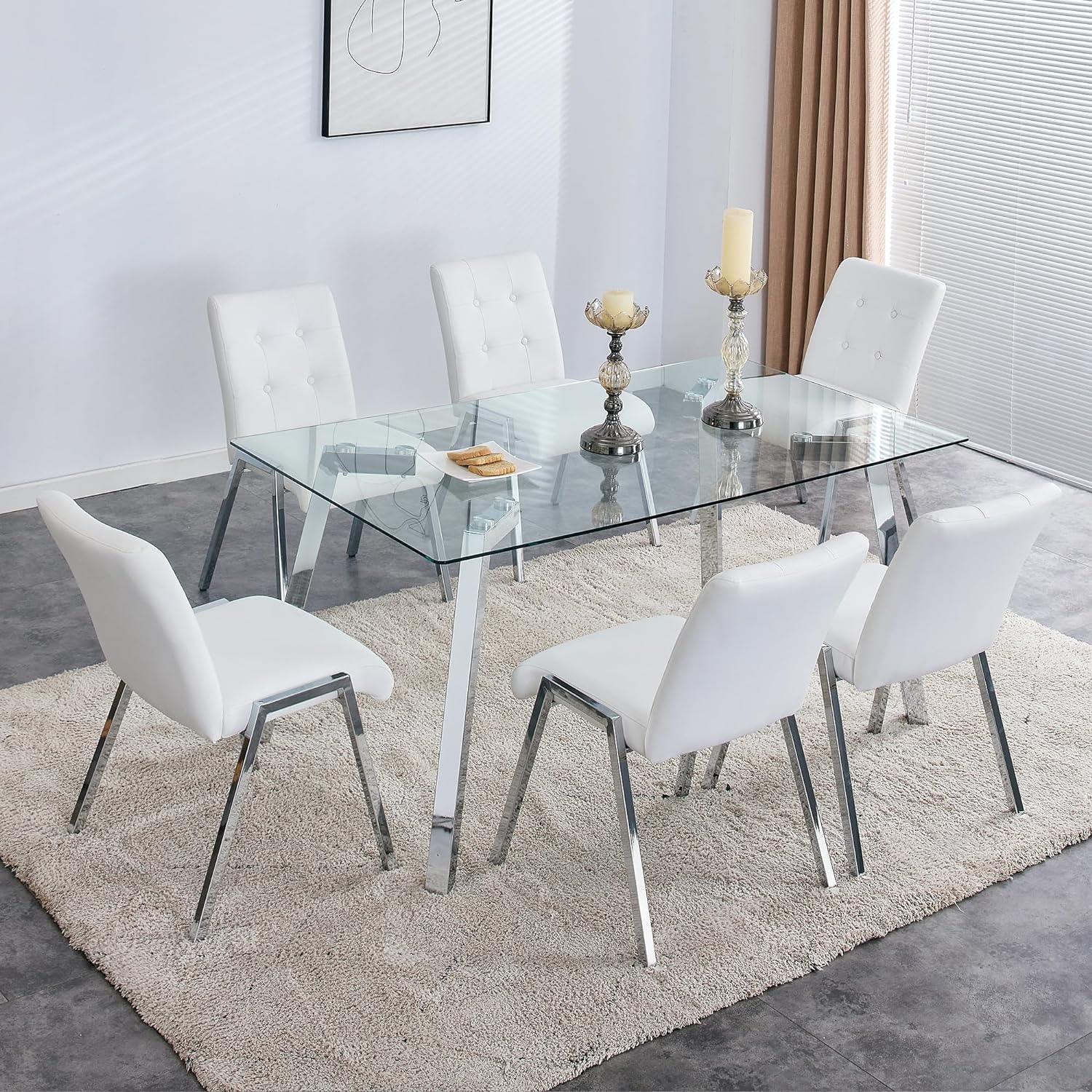 MEMUY 63" Glass Dining Table Set of 6,0.31" Thickness Tempered Glass Top with Silver Metal Legs, 6 Classic Tufted Upholstered Armless Dining Chair for for Kitchen