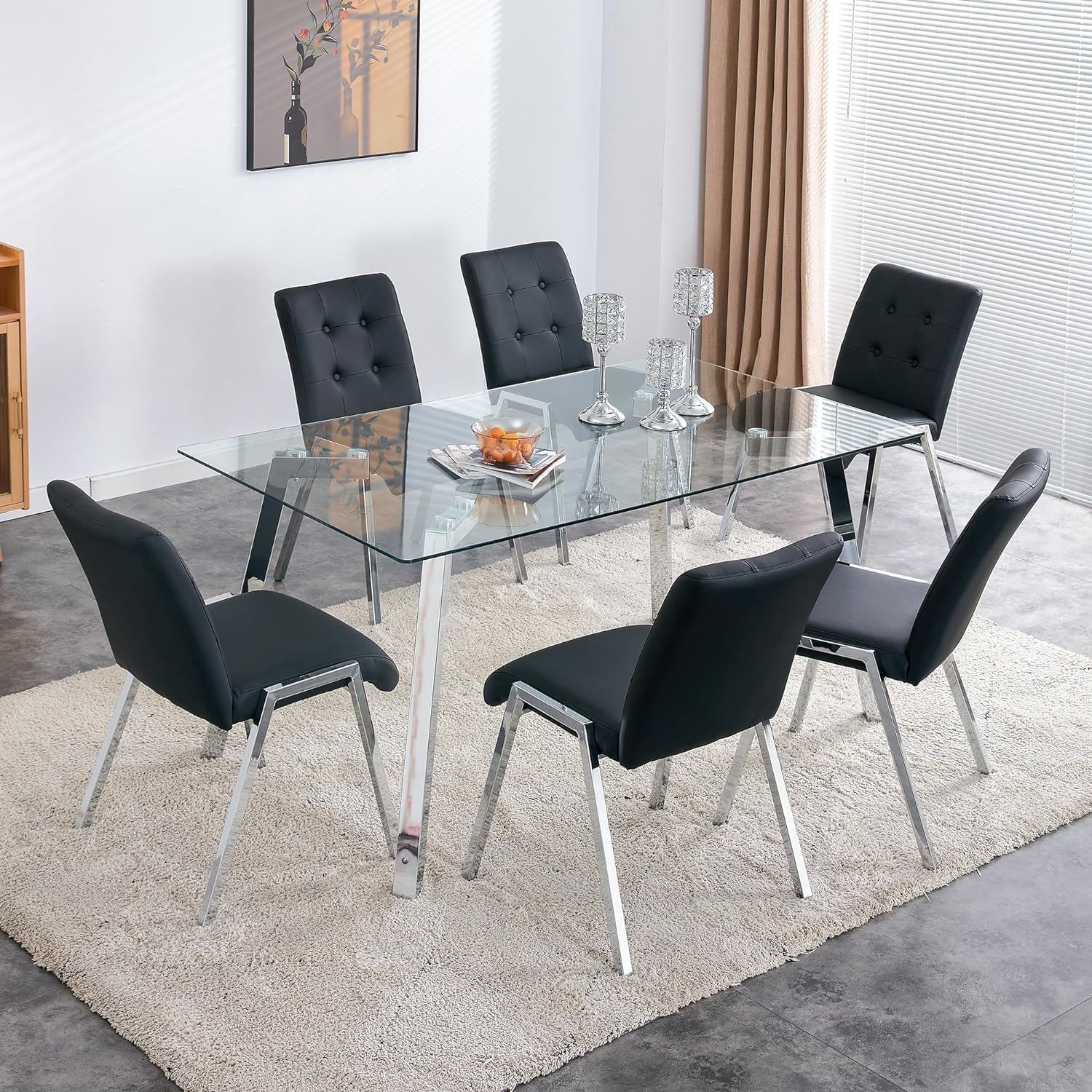 MEMUY 63" Glass Dining Table Set of 6,0.31" Thickness Tempered Glass Top with Silver Metal Legs, 6 Classic Tufted Upholstered Armless Dining Chair for for Kitchen