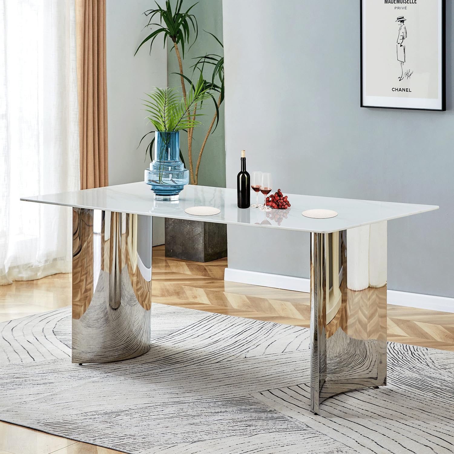 MEMUY 63White Dining Table,Rectangle Faux Marble Kitchen Table Top with Silver Metal Base,Scratching Resistance Glass Dining Table for 4-6 Person,Thickness Modern Dinner Table