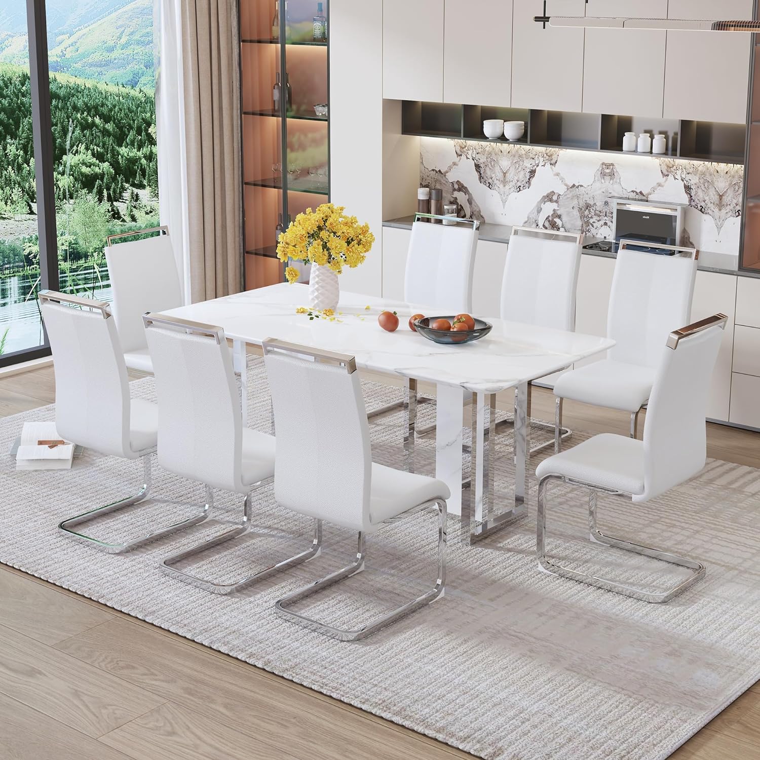 Dining Table Set for 8,White Gloss Kitchen Table and Chairs,67" Marble Decals Kitchen Table with White Leather Dining Chairs,1.57" Thick MDF Wood Board Top with Chrome Plate