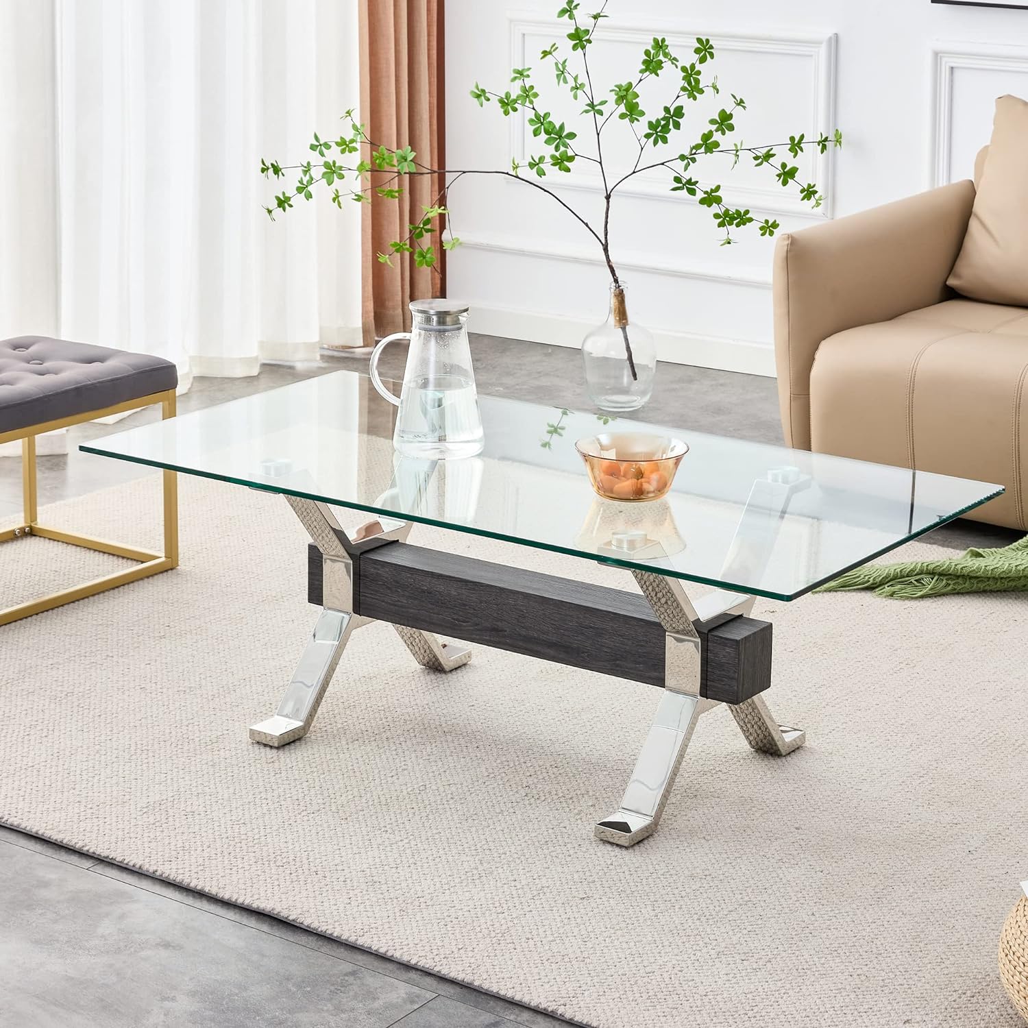 47 inches Glass Coffee Table,Tempered Glass Coffee Table Top with 2 Sturdy Chrome Plate Metal Legs,Rectangle Modern Industrial End Table for Living Room Conference