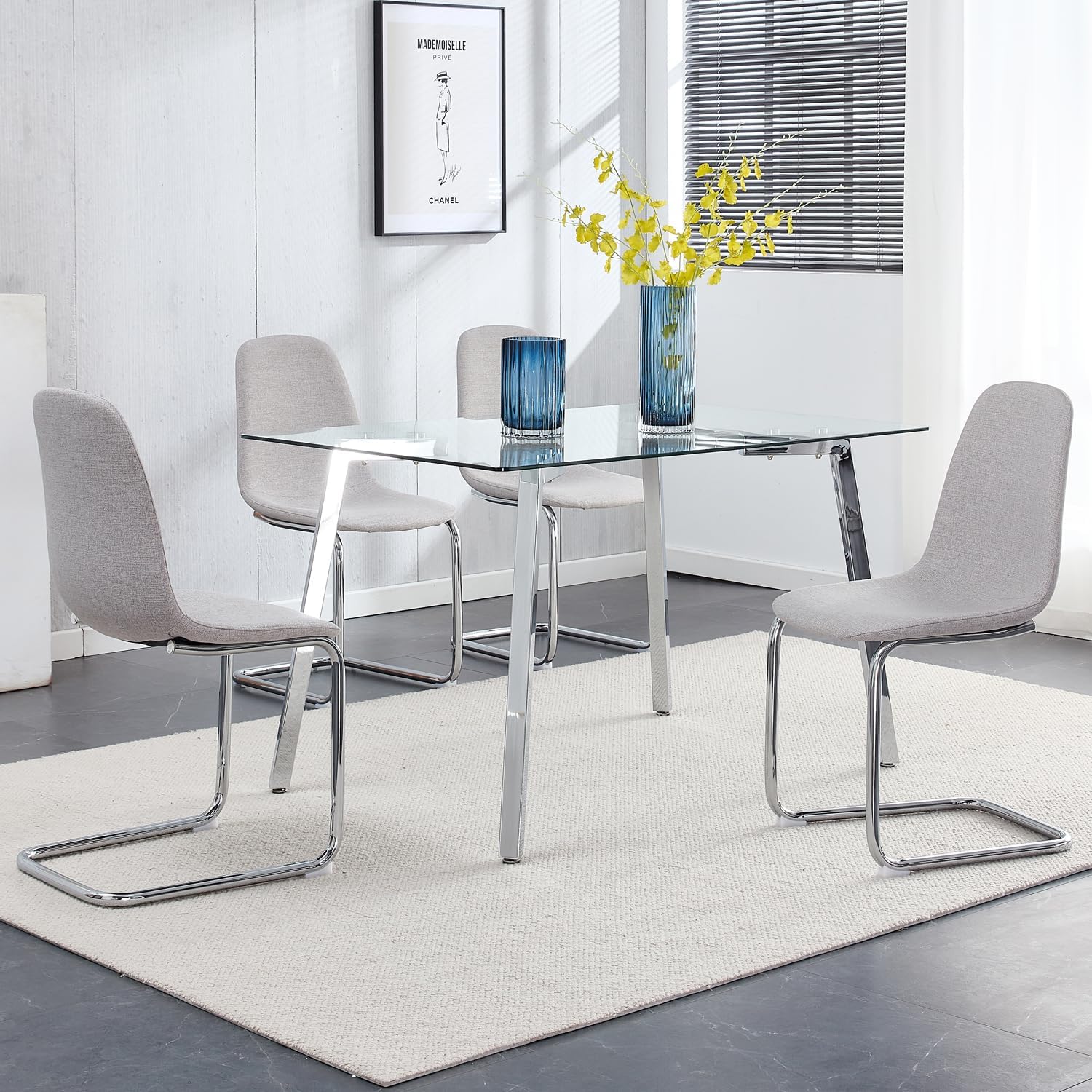 51" Dining Table Set for 4,Tempered Glass Top with 4 Silver Metal Legs,10 Minute Set Up Kitchen Table,4 Fabric Cloth Dining Chairs