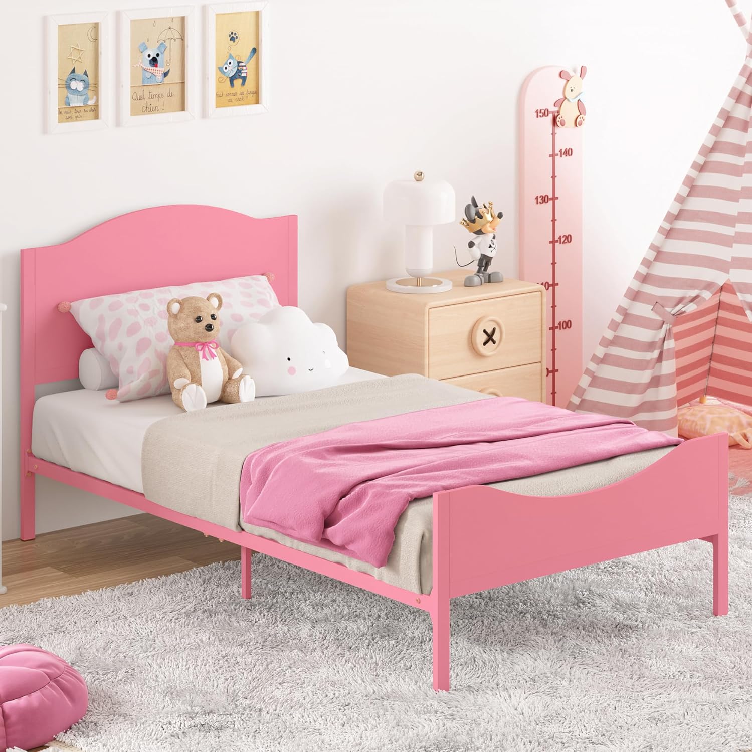 Timy Pink Kids Twin Bed Frame with Wooden Headboard and Footboard, Metal Platform Bed Frame for Boys Girls Teens Adults, Modern Kids Bed Furniture, No Box Spring Needed