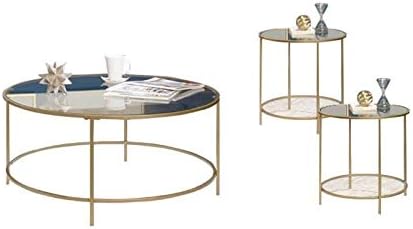 Home Square 3 Piece Coffee Table Set with Classic Look Coffee Table and Set of 2 End Tables in Gold Metal Construction and Glass Top