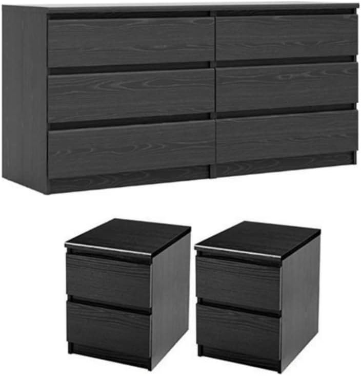 Home Square 3 Piece Bedroom Set with 6 Drawer Double Dresser and Two 2 Drawer Nightstands in Black Woodgrain