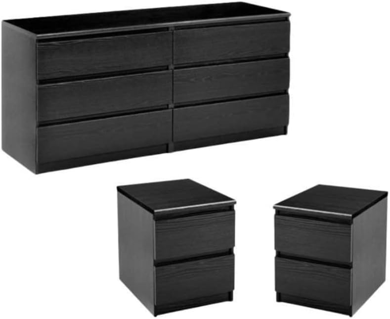 Home Square 3 Piece Bedroom Set with 6-Drawer Double Dresser and Two Night Stands in Black Woodgrain