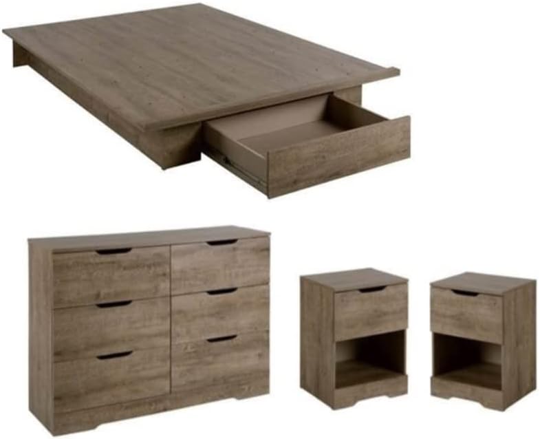 Home Square 4 Piece Bedroom Furniture Set - Full/Queen Platform Bed with Storage Drawers / 6 Drawer Double Bedroom Dresser/Small Nightstand with Drawer and Shelf - Set of 2 / Weathered Oak