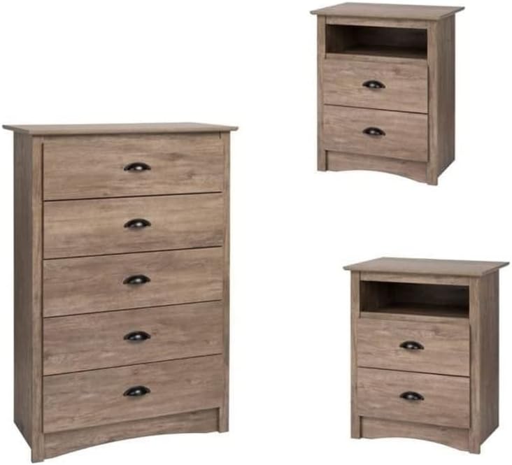 Home Square 3 Piece Bedroom Set with Wooden 2 Nightstands and Chest in Drifted Gray