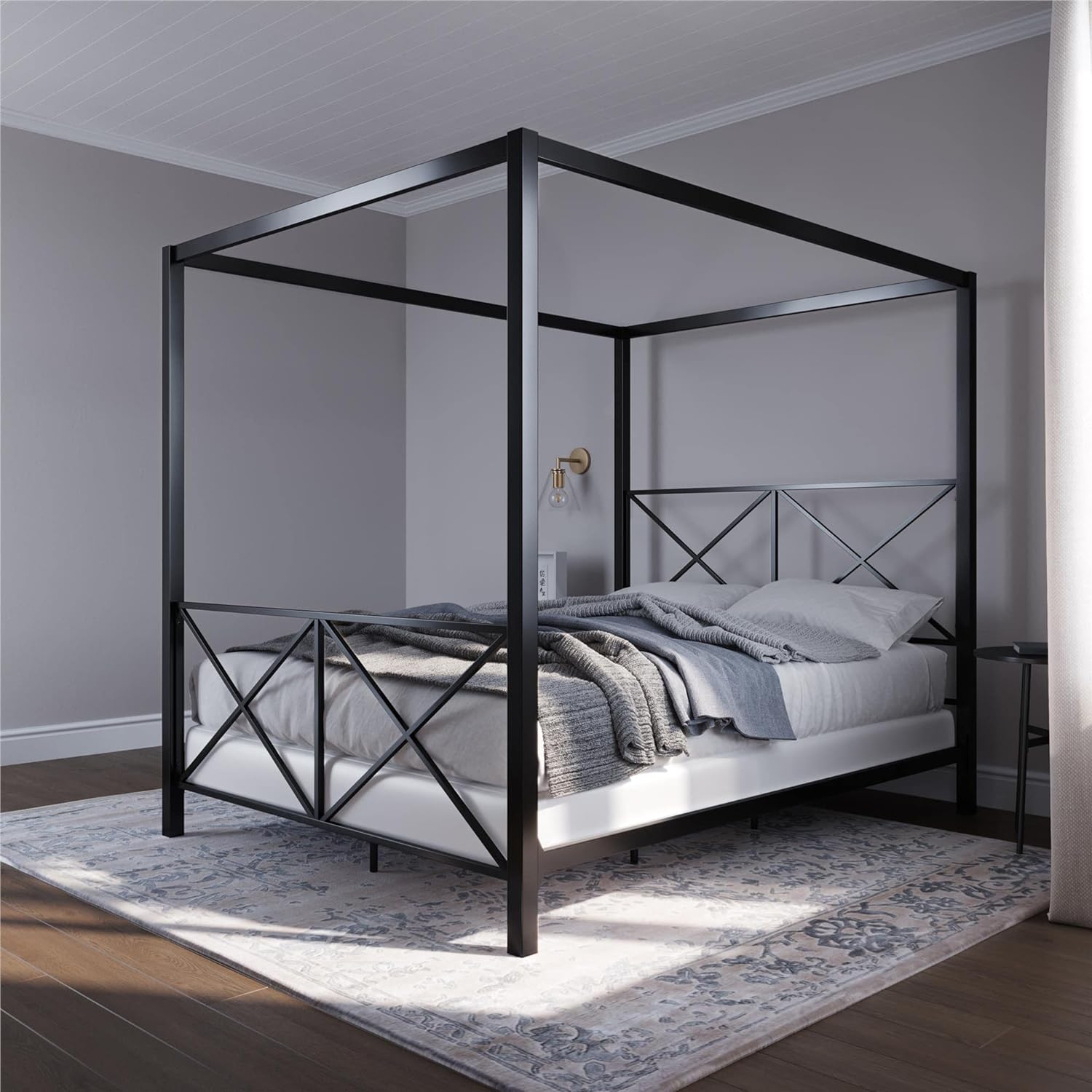 DHP Rosedale Metal Canopy Bed Frame with Four Poster Design and Geometric Accented Headboard and Footboard, Underbed Storage Space, Queen, Black