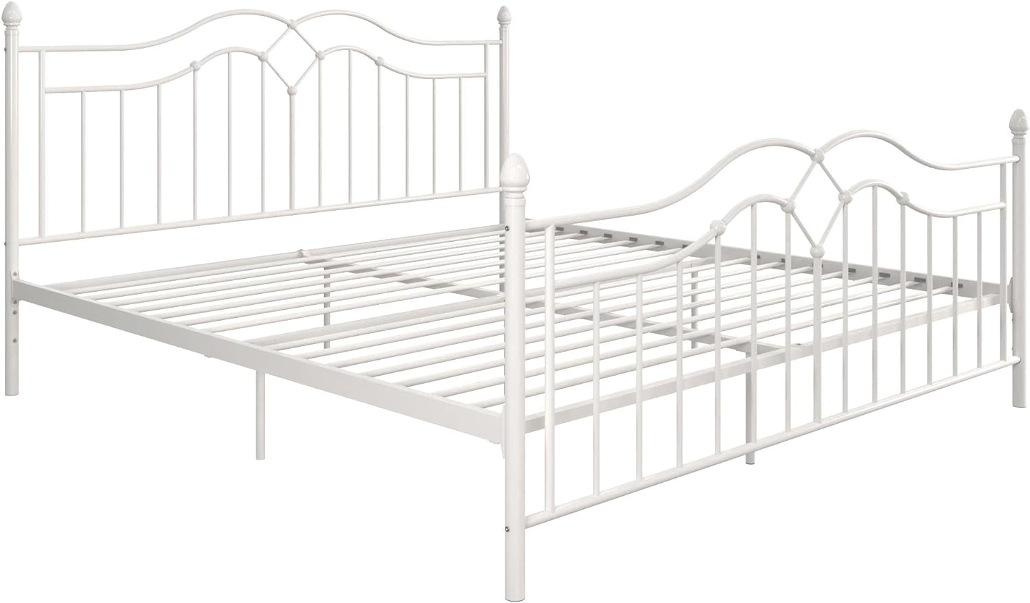 DHP Tokyo Metal Platform Bed with Classic Finial Post Headboard and Footboard, Underbed Storage Space, No Box Spring Needed, King, White