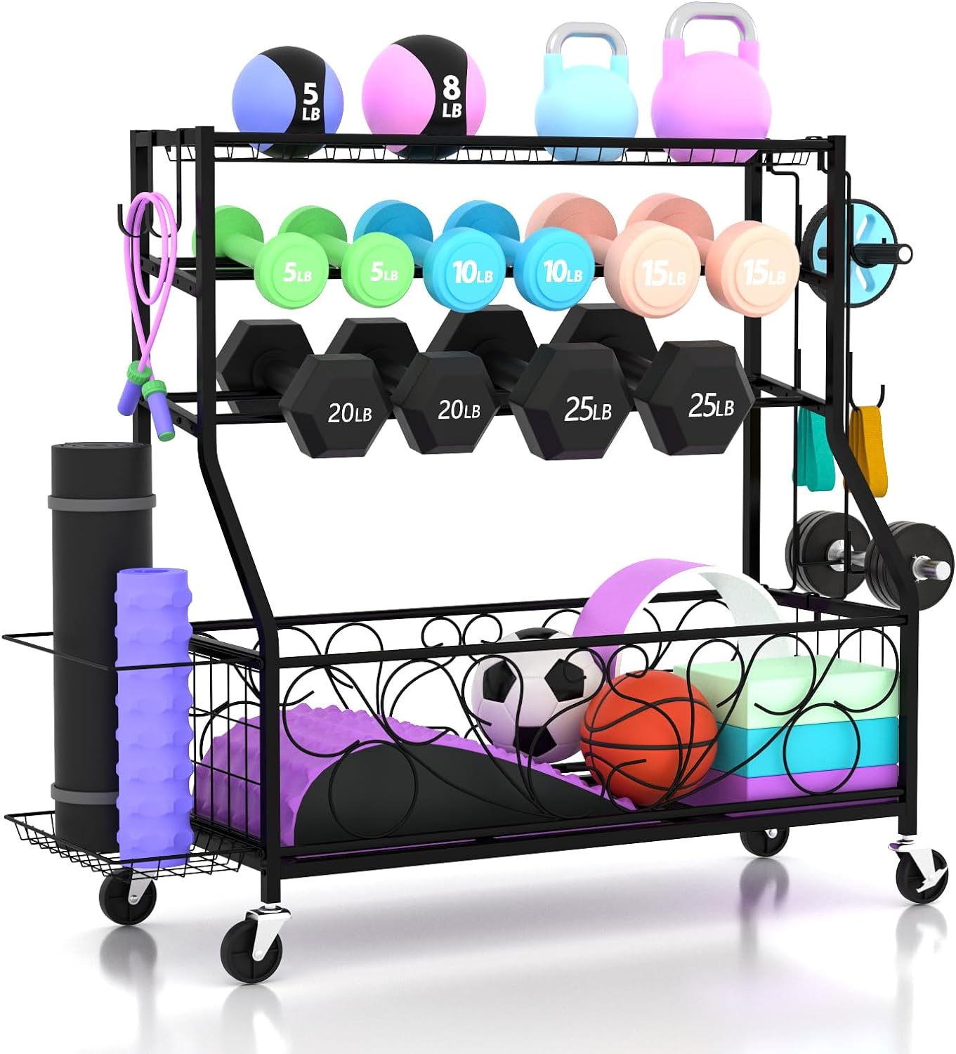 Likein Weight Rack for Dumbbells,Yoga Mat Storage Rack,Home Gym Storage for Dumbbells Kettlebells Foam Roller and Resistance Bands,Workout Storage Organizer