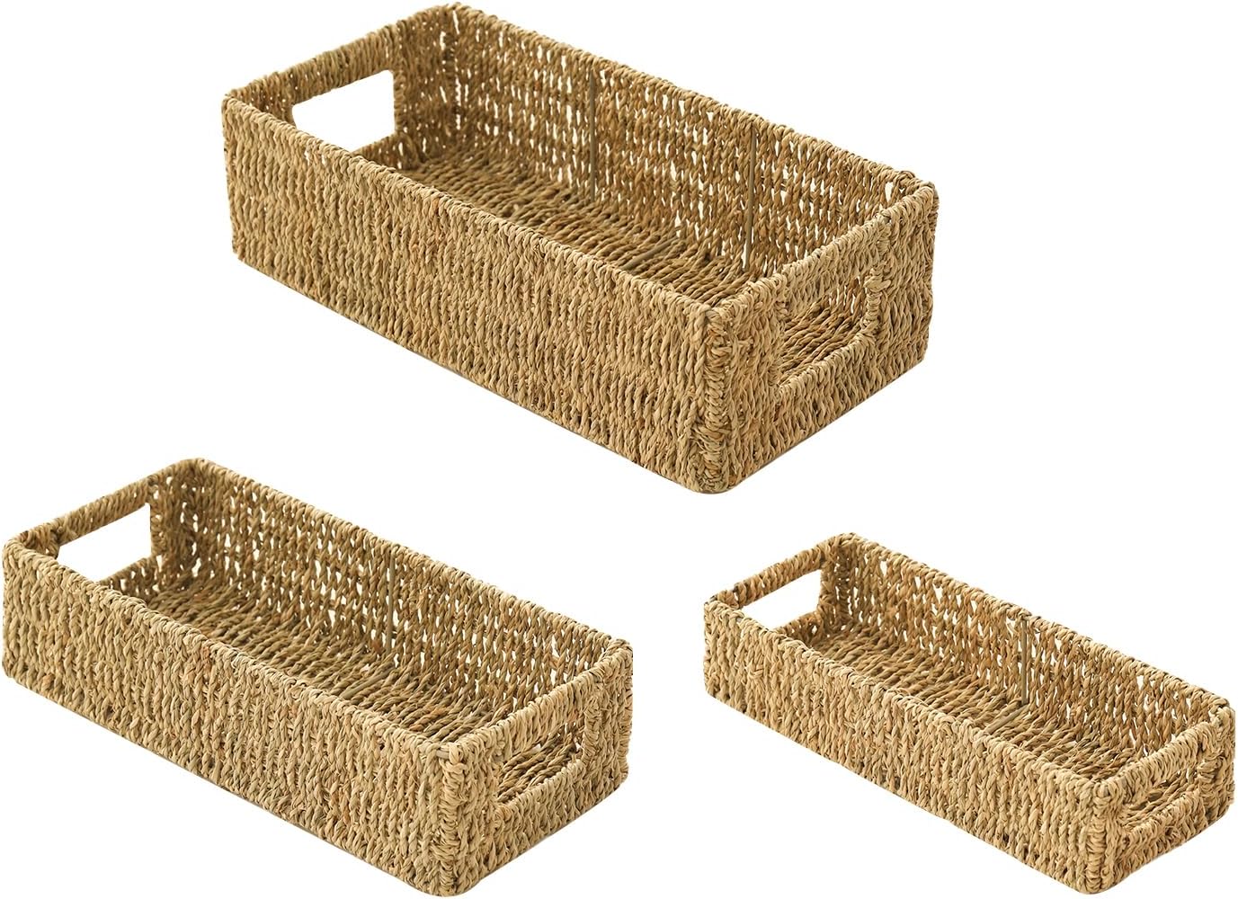 BMWEI Woven Storage Baskets, 3 Set Small Storage Basket with Handle for Organizing Decorative Bathroom, Living room, Bedroom and Kitchen(Seagrass)