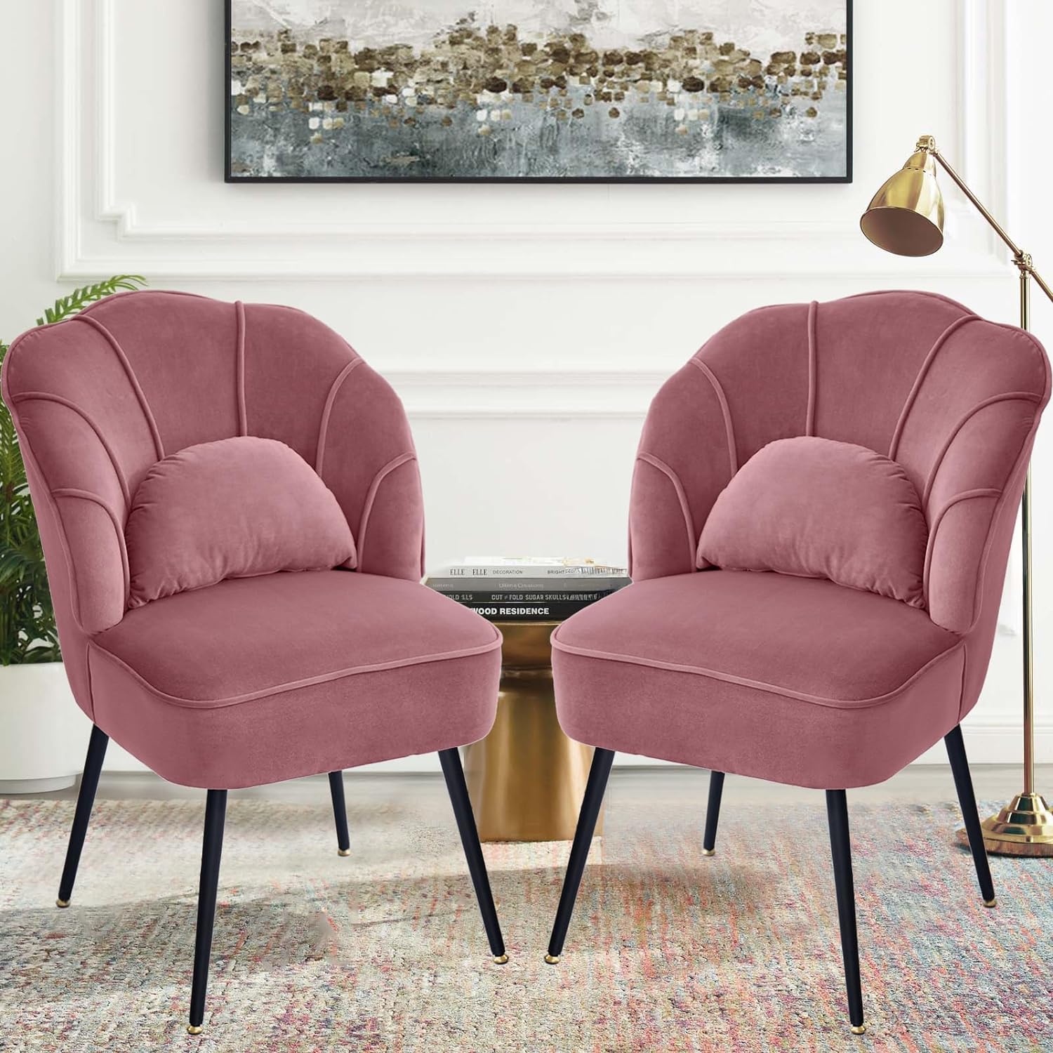 BMWEI Accent Chair, Velvet Sofa Chair Set of 2, Wingback Leisure Chair with Metal Stool Legs for Living Room Bedroom Vanity Comfy Reading Shell Chairs(2Pink)