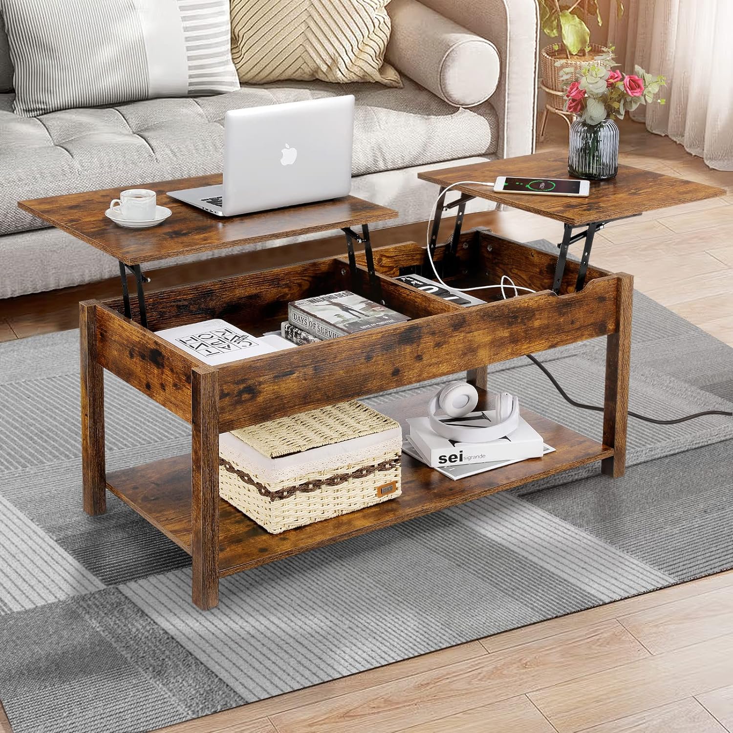 Likein 42.5" Lift Top Coffee Table with Charging Station, 2 Way Lift Tabletop Center Table for Living Room, Farmhouse Wood Coffee Tables with Two-Way Lift Open Shelf (Rustic Brown)