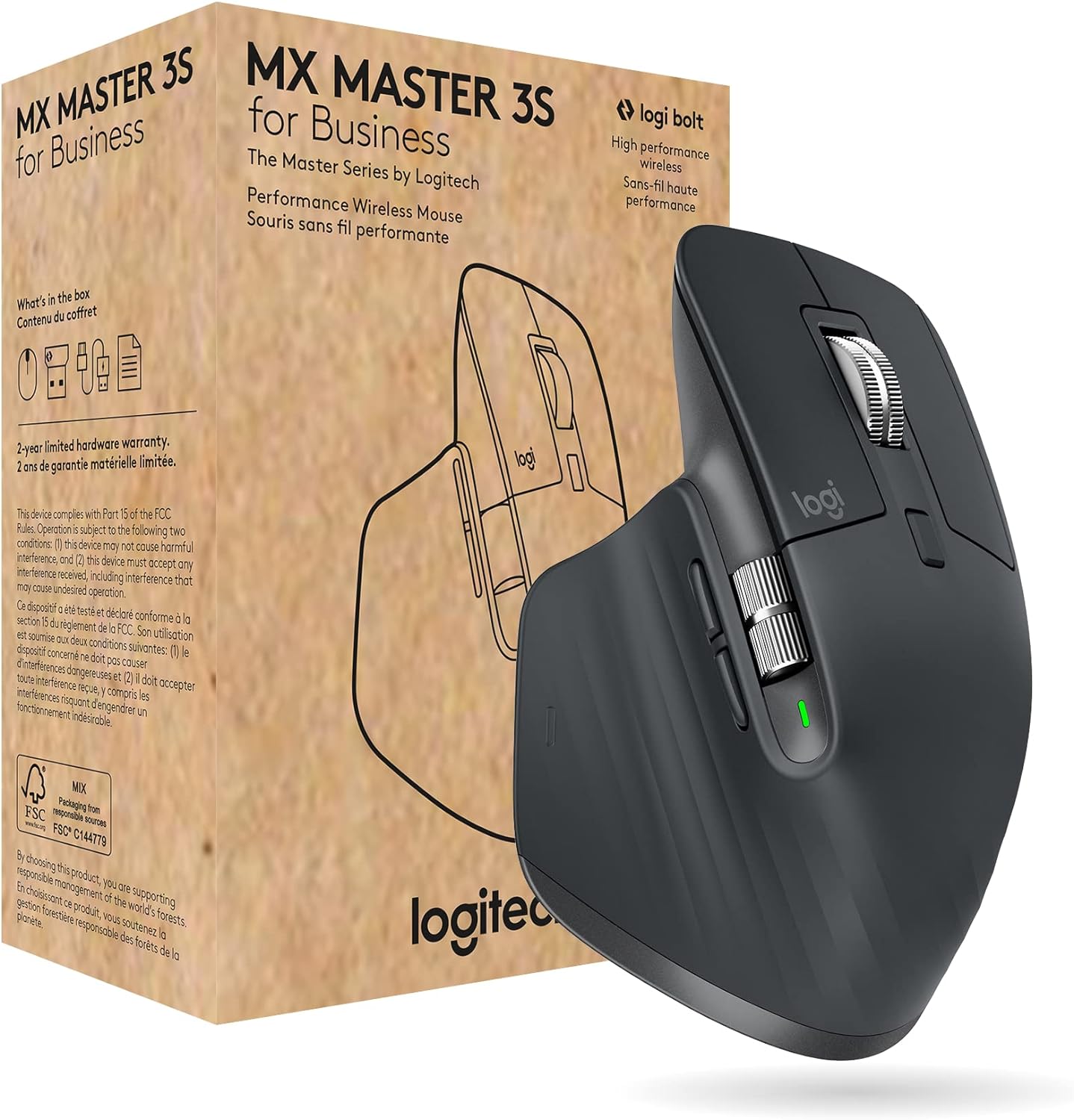 Logitech MX Master 3S for Business, Wireless Mouse with Quiet Clicks, 8K DPI, Secured Logi Bolt USB Receiver, Bluetooth, USB-C Charging, MagSpeed Scrolling, Windows/Mac/Chrome/Linux - Graphite