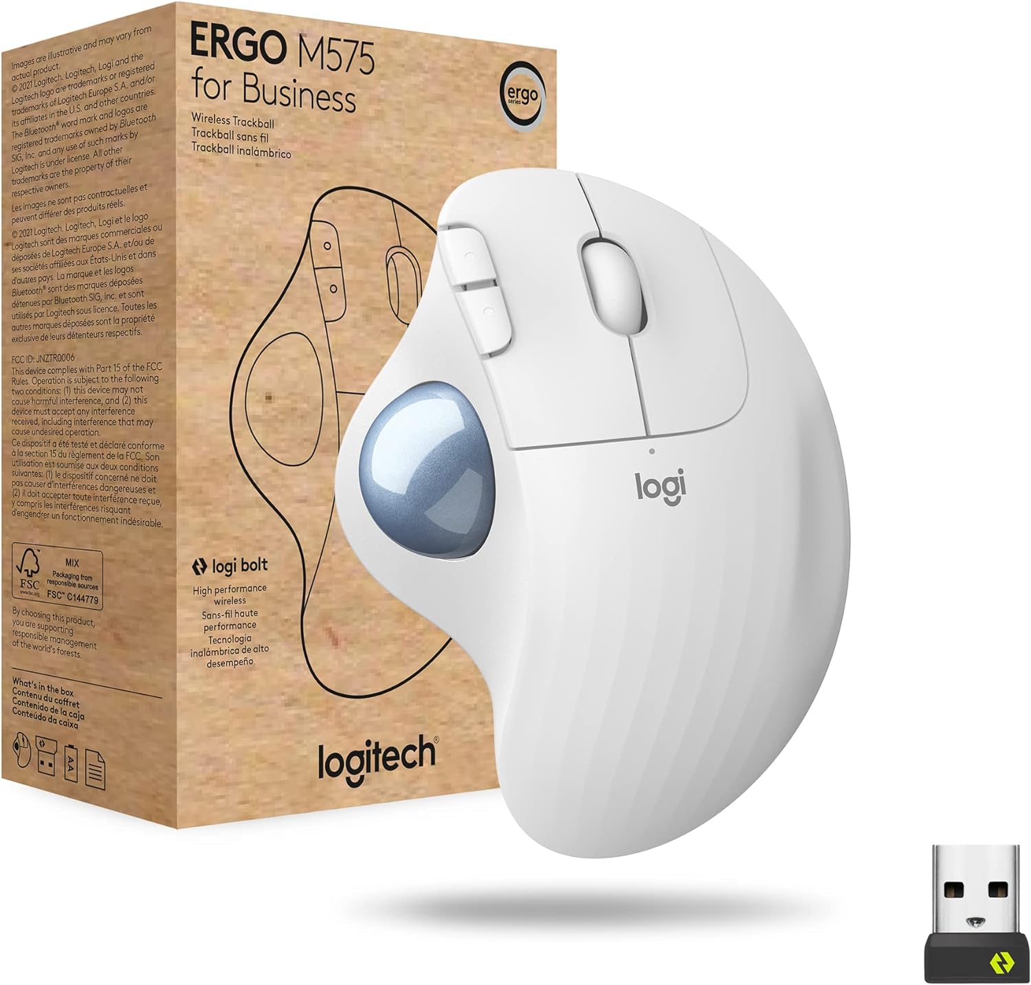 Logitech Ergo M575 Wireless Trackball Mouse for Business - Ergonomic Design, Secured Logi Bolt Technology, Bluetooth, Globally Certified, Windows/Mac/Chrome/Linux - Off-White