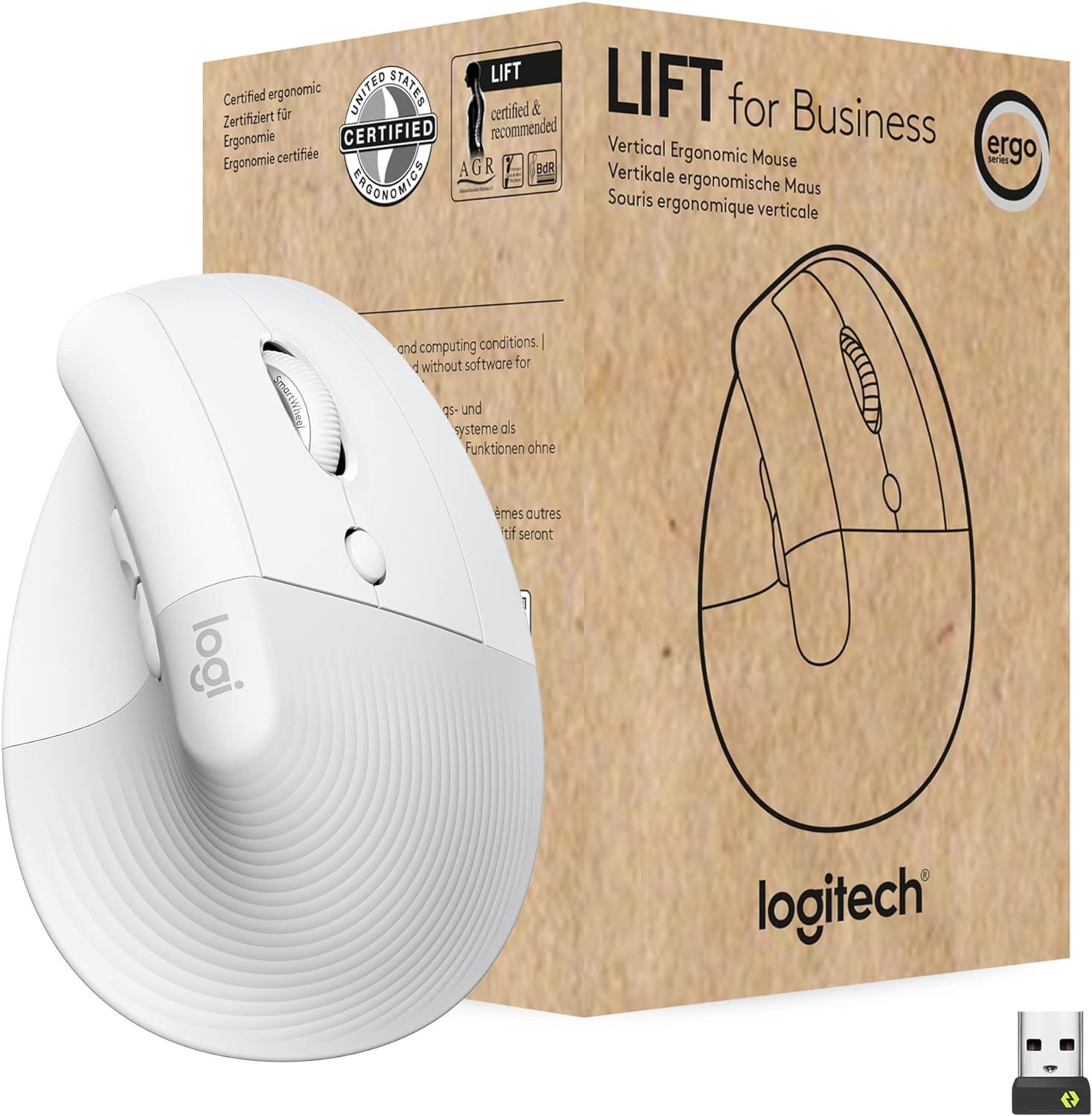 Logitech Lift for Business, Vertical Ergonomic Mouse, Wireless, Bluetooth or Secured Logi Bolt USB, Quiet clicks, Globally Certified, Windows/Mac/Chrome/Linux - Off White