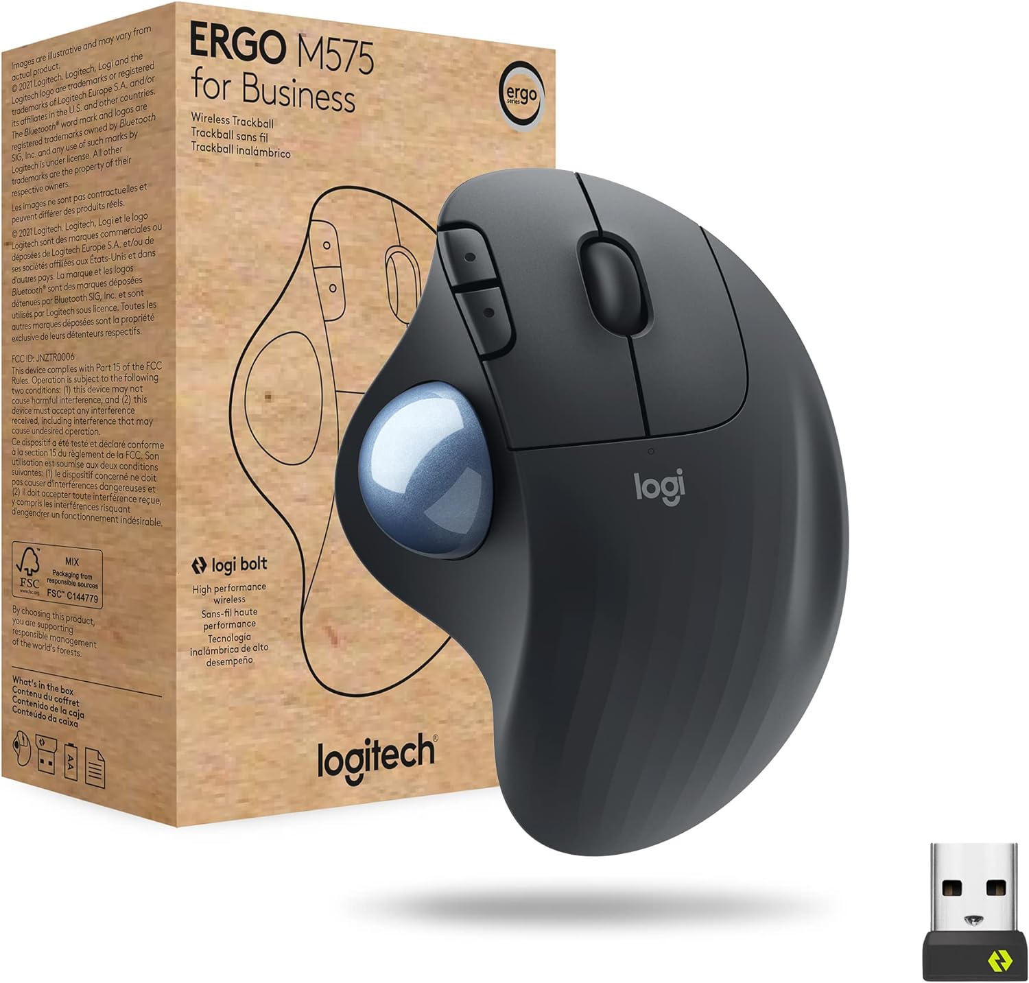 Logitech Ergo M575 Wireless Trackball Mouse for Business - Ergonomic Design, Secured Logi Bolt Technology, Bluetooth, Globally Certified, Windows/Mac/Chrome/Linux - Graphite