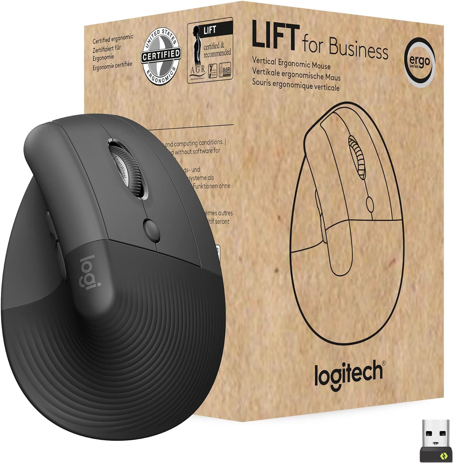 Logitech Lift for Business, Vertical Ergonomic Mouse, Wireless, Bluetooth or Secured Logi Bolt USB, Quiet clicks, Globally Certified, Windows/Mac/Chrome/Linux - Graphite