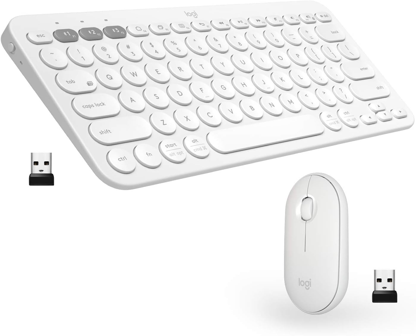 Logitech K380 Multi-Device Wireless Bluetooth Keyboard for Mac   Pebble M350 Wireless Mouse with Bluetooth or USB for iPad, Notebook, PC and Mac - Combo with Slim Portable Design, Quiet Clicks - White