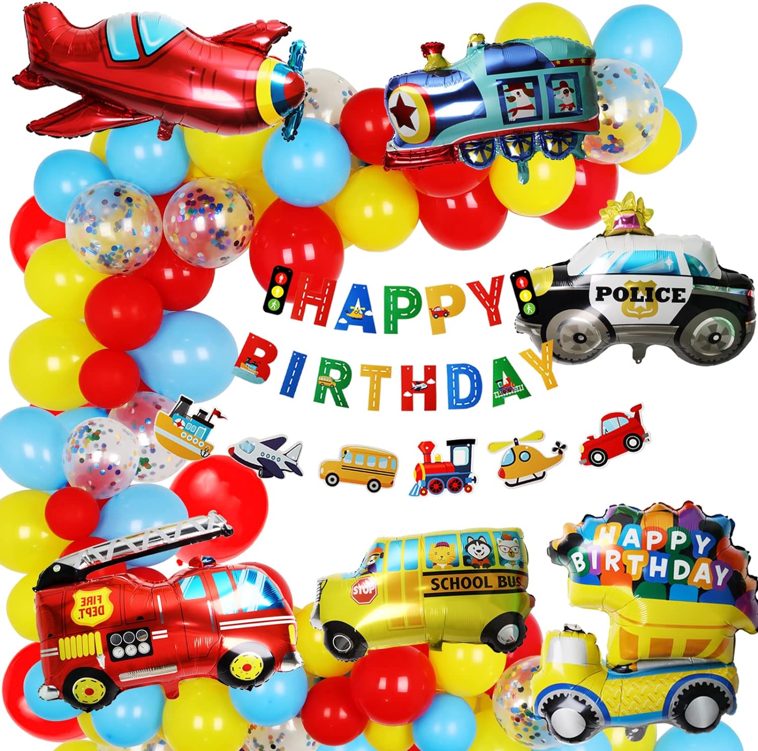 ZERODECO Transportation Birthday Decorations, Happy Birthday Banner and Transport Vehicles Foil Balloons for Transportation Party Decorations Set for Boys Kids Birthday Party Decorations