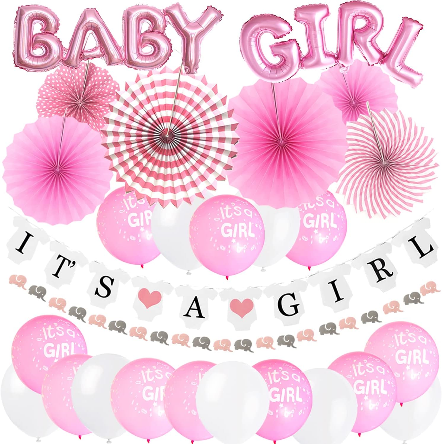 ZERODECO Baby Shower Decorations, Foil Balloon It&#39; a Girl Banners Paper Fans Riangle Bunting Flags Printed Balloons Bridal Shower Party Decorations