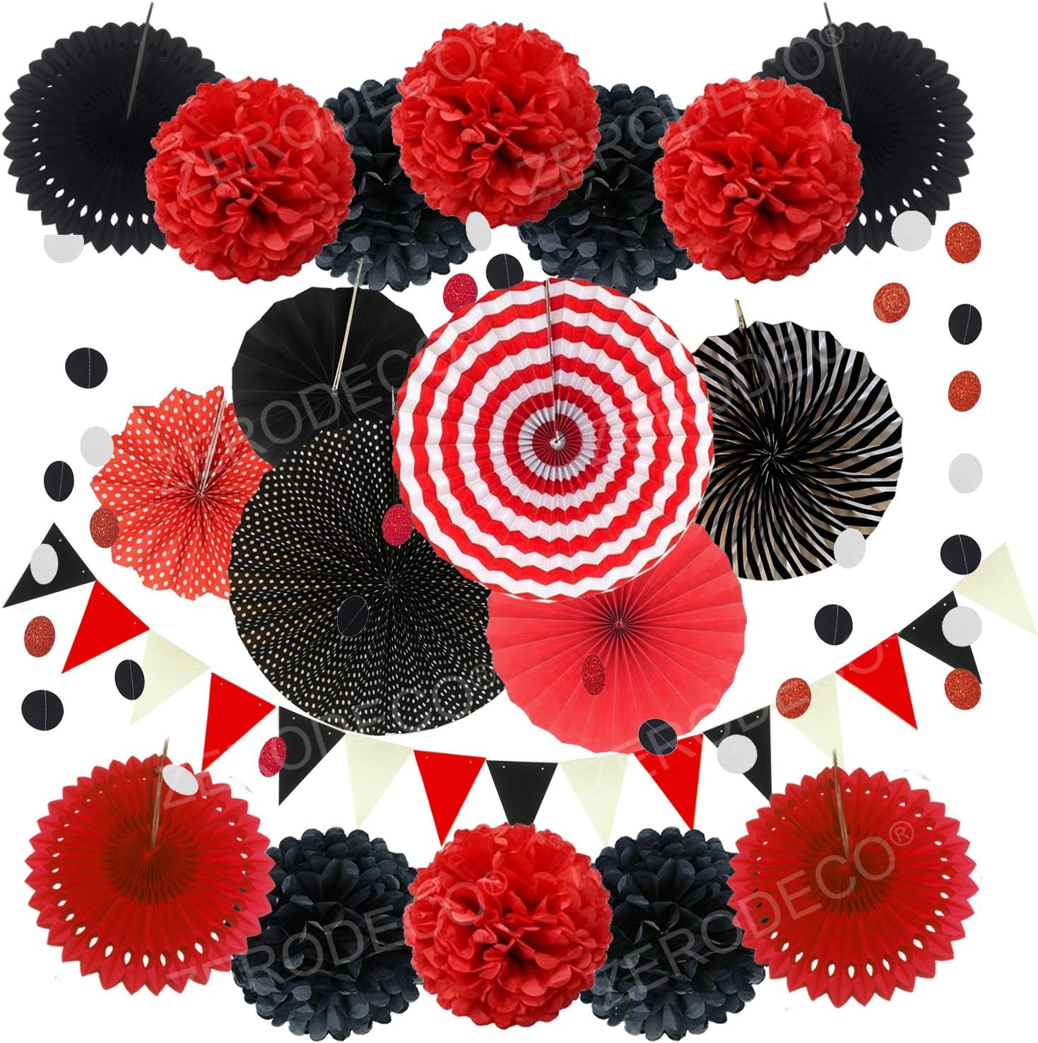 ZERODECO Party Decoration, 21 Pcs Black and Red Hanging Paper Fans Pom Poms Flowers, Garlands String Polka Dot and Triangle Bunting Flags for Minnie Mouse Birthday Parties Baby Showers Wedding