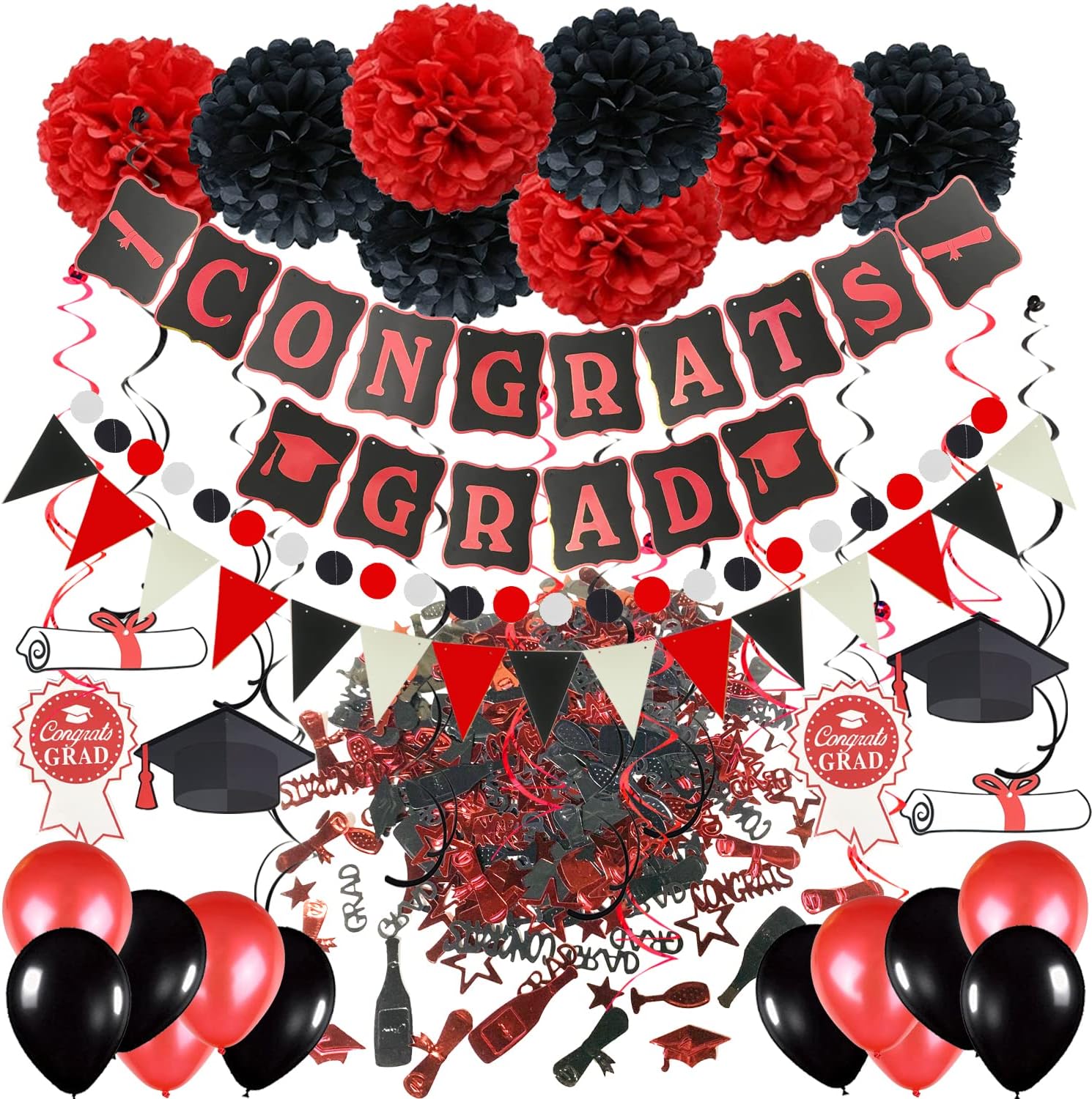 ZERODECO Graduation Decorations, Black and Red Congrats Grad Banner Paper Pompoms Hanging Swirls Graduation Confetti Paper Garland Party Balloons for Grad Party Decoration Supplies