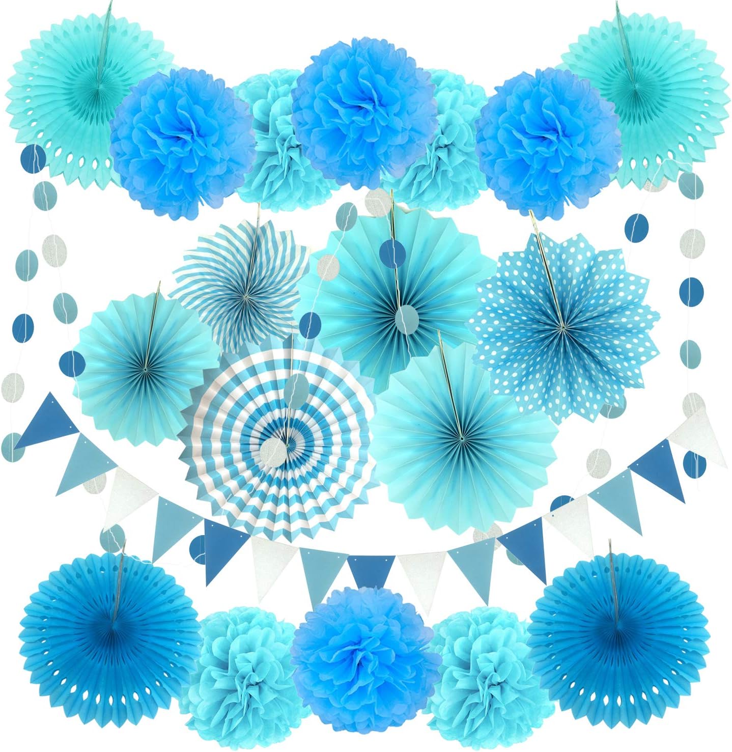 ZERODECO Party Decoration, 21 Pcs Blue Hanging Paper Fans, Pom Poms Flowers, Garlands String Polka Dot and Triangle Bunting Flags for Boy Birthday Parties, Bridal Showers, Baby Showers, Wedding