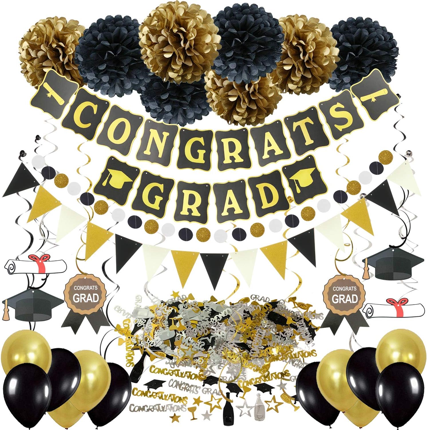 ZERODECO Graduation Decorations, Black and Gold Congrats Grad Banner Paper Pompoms Hanging Swirls Graduation Confetti Paper Garland Party Balloons for Grad Party Decoration Supplies