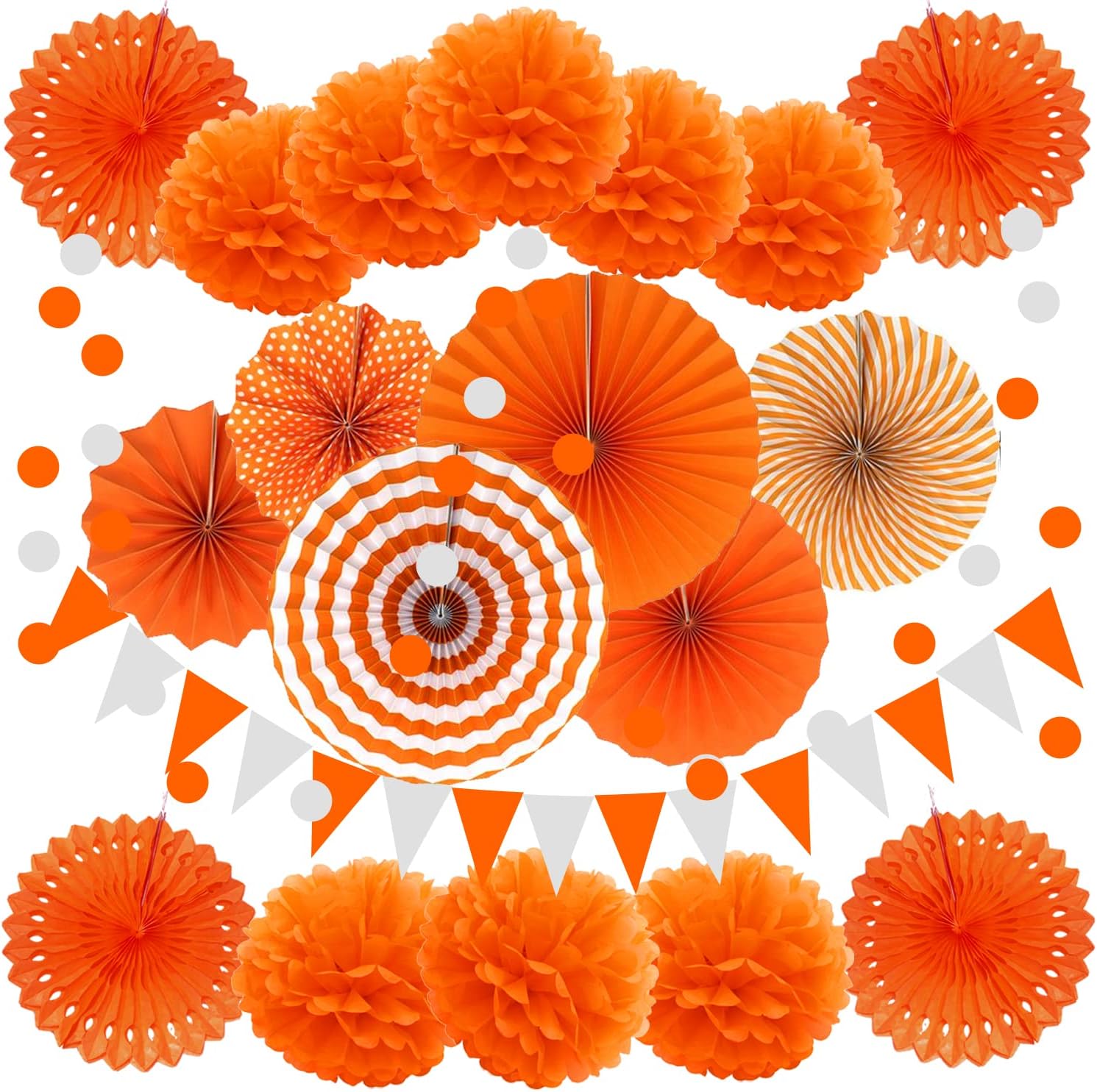ZERODECO Party Decoration, 21 Pcs Orange Hanging Paper Fans Pom Poms Flowers, Garlands String Polka Dot and Triangle Bunting Flags for Minnie Mouse Birthday Parties Baby Showers Wedding