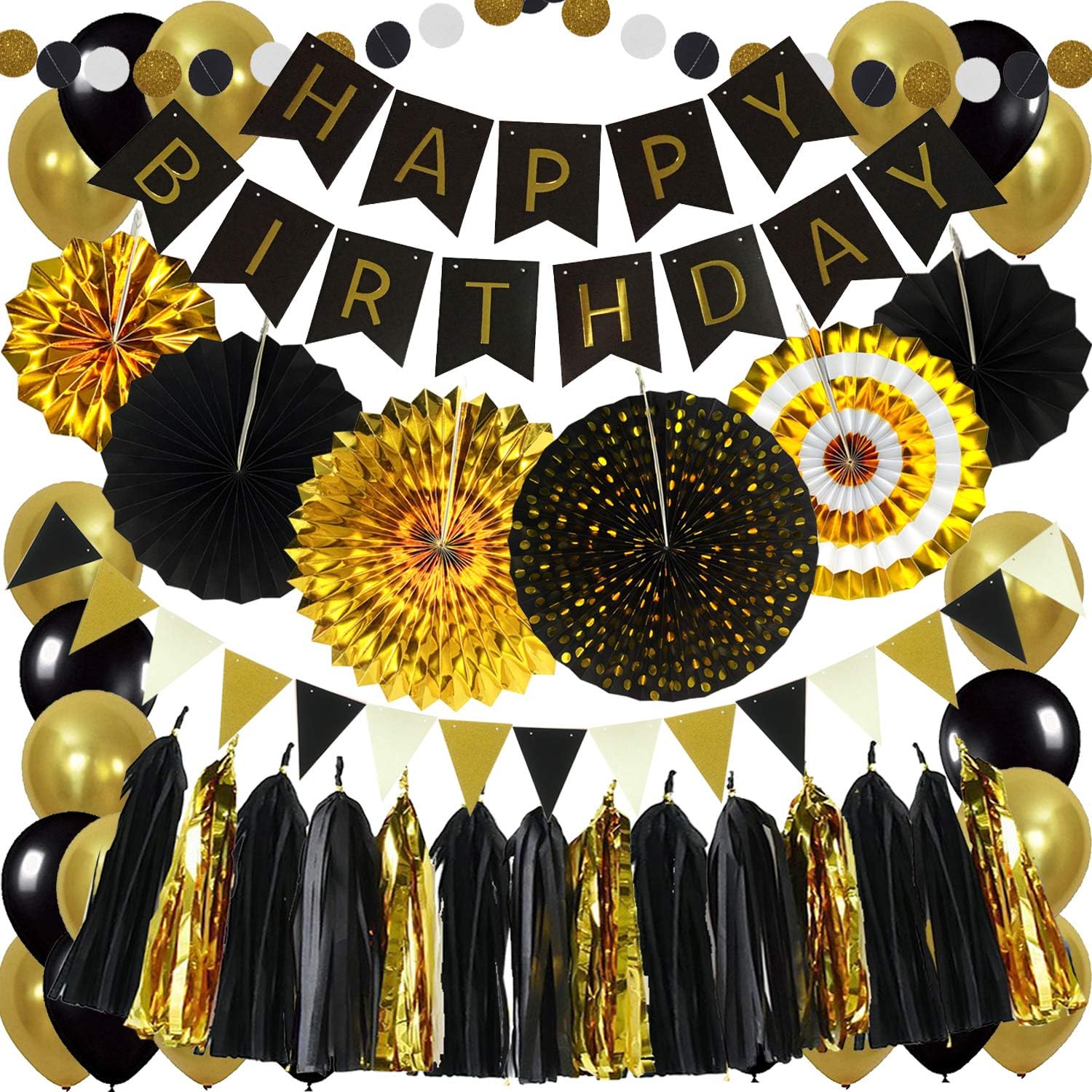 ZERODECO Birthday Party Decoration, Black Gold Happy Birthday Banner with Paper Fans Garland String Triangle Bunting Flag Tissue Tassel and Balloon for Bday Party Supplies Anniversary Decoration