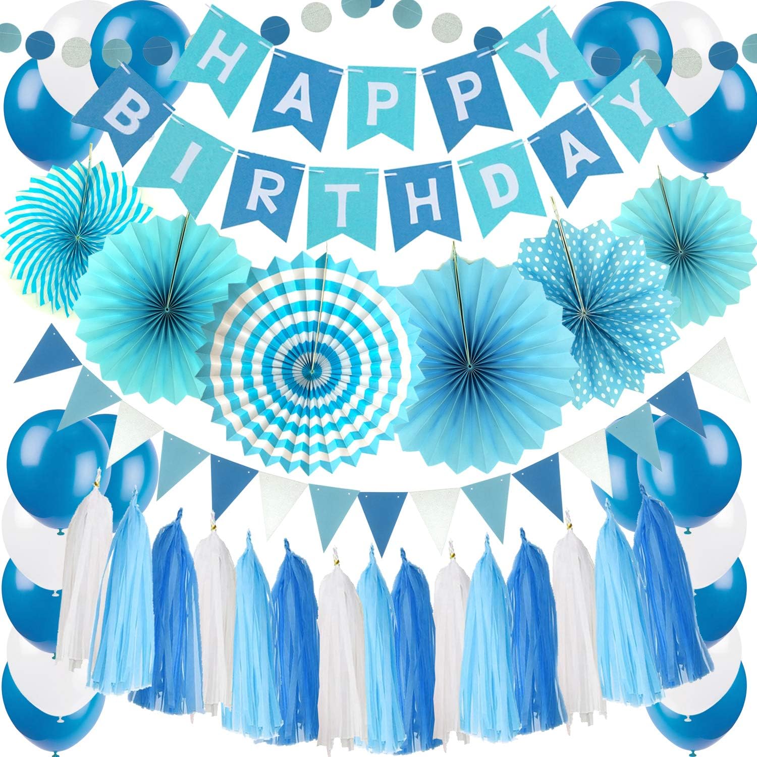 ZERODECO Birthday Party Decoration, Blue Happy Birthday Banner with Paper Fans Garland String Triangle Bunting Flag Tissue Tassel and Balloon for Bday Party Supplies Anniversary Decoration
