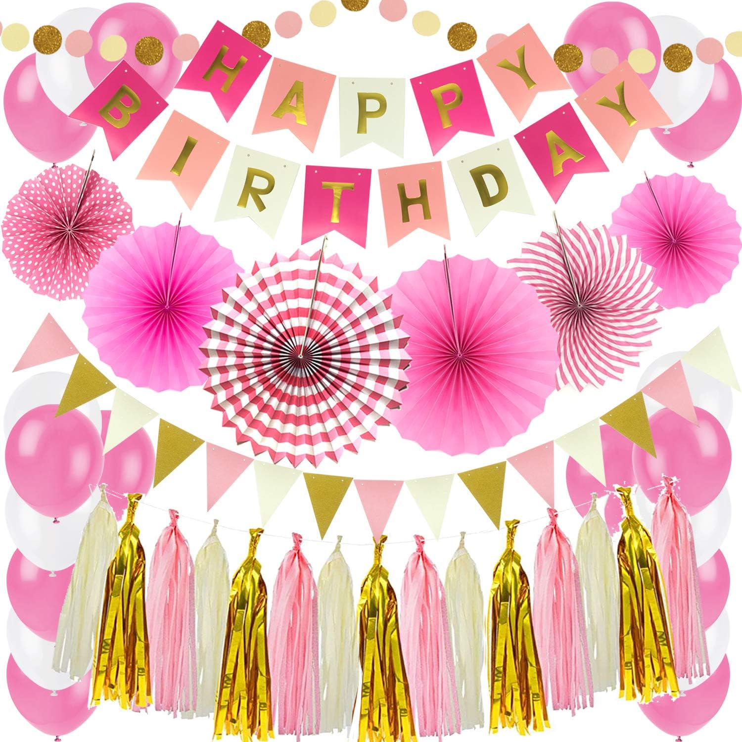 ZERODECO Birthday Party Decoration, Pink Happy Birthday Banner with Paper Fans Garland String Triangle Bunting Flag Tissue Tassel and Balloon for Bday Party Supplies Anniversary Decoration