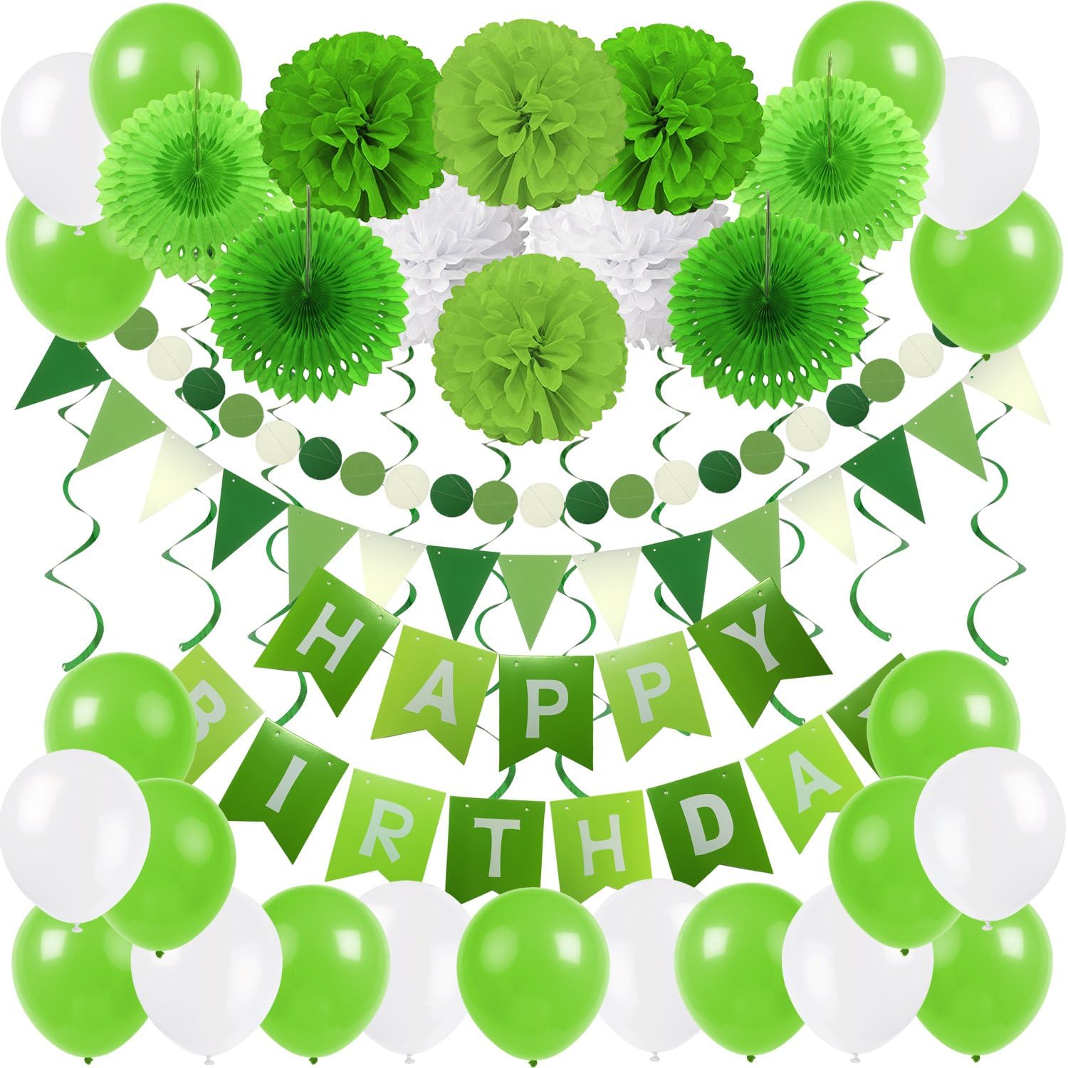 ZERODECO Birthday Party Decoration, Happy Birthday Banner Bunting with 4 Paper Fans Tissue 6 Paper Pom Poms Flower 10 Hanging Swirl and 20 Balloon for Birthday Party Decorations -Green and White