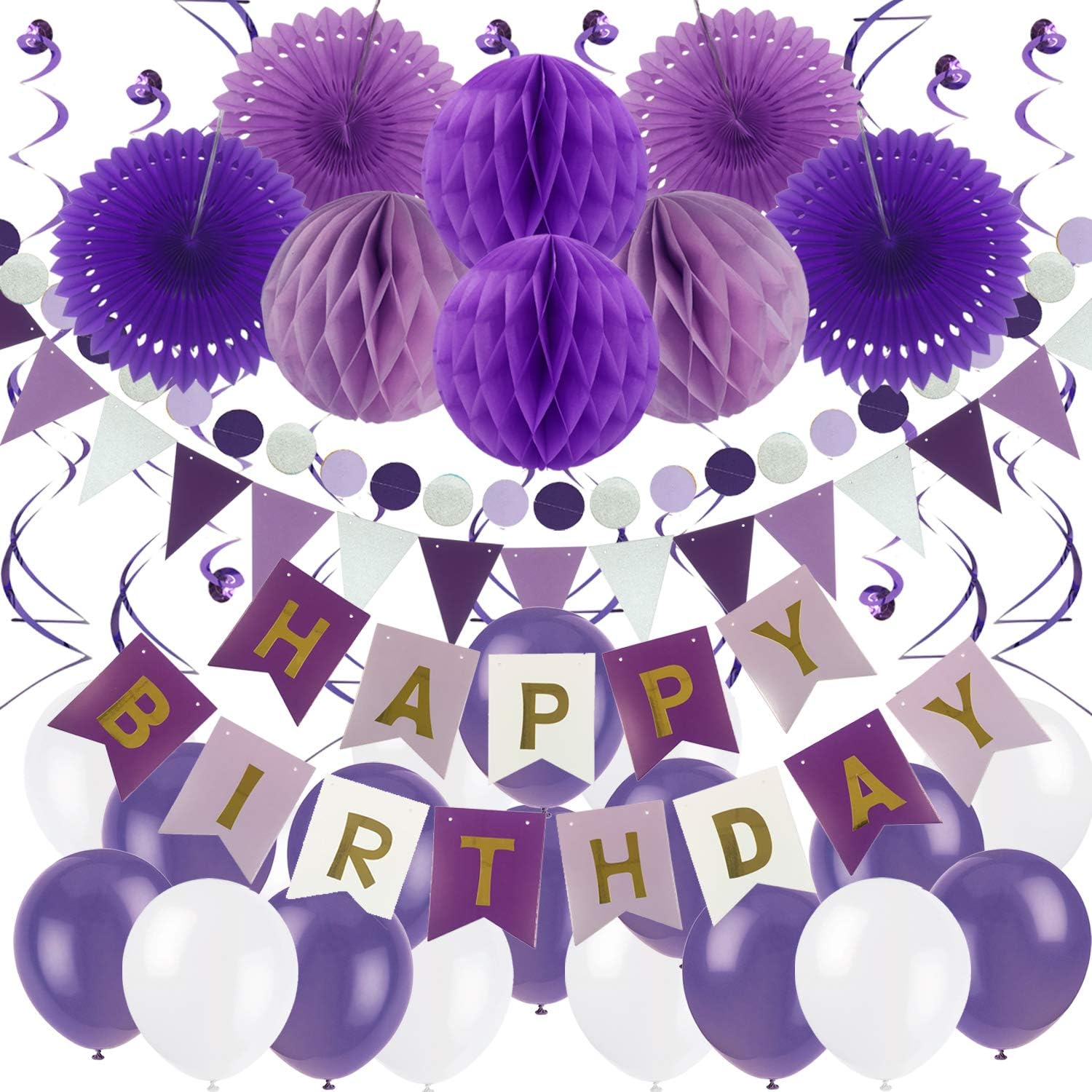 ZERODECO Birthday Party Decoration, Happy Birthday Banner with Paper Fans, Honeycomb Balls, Triangular Pennants, Circle Paper Garland, Hanging Swirls and Balloons - Purple, Lavender and White