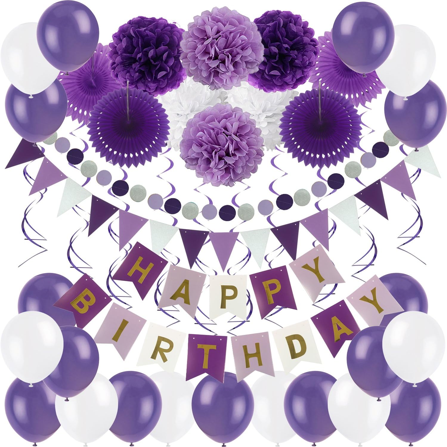 ZERODECO Birthday Decoration Set, Happy Birthday Banner Bunting with 4 Paper Fans Tissue 6 Paper Pom Poms Flower 10 Hanging Swirl and 20 Balloon for Birthday Party Decorations - Purple Lavender White