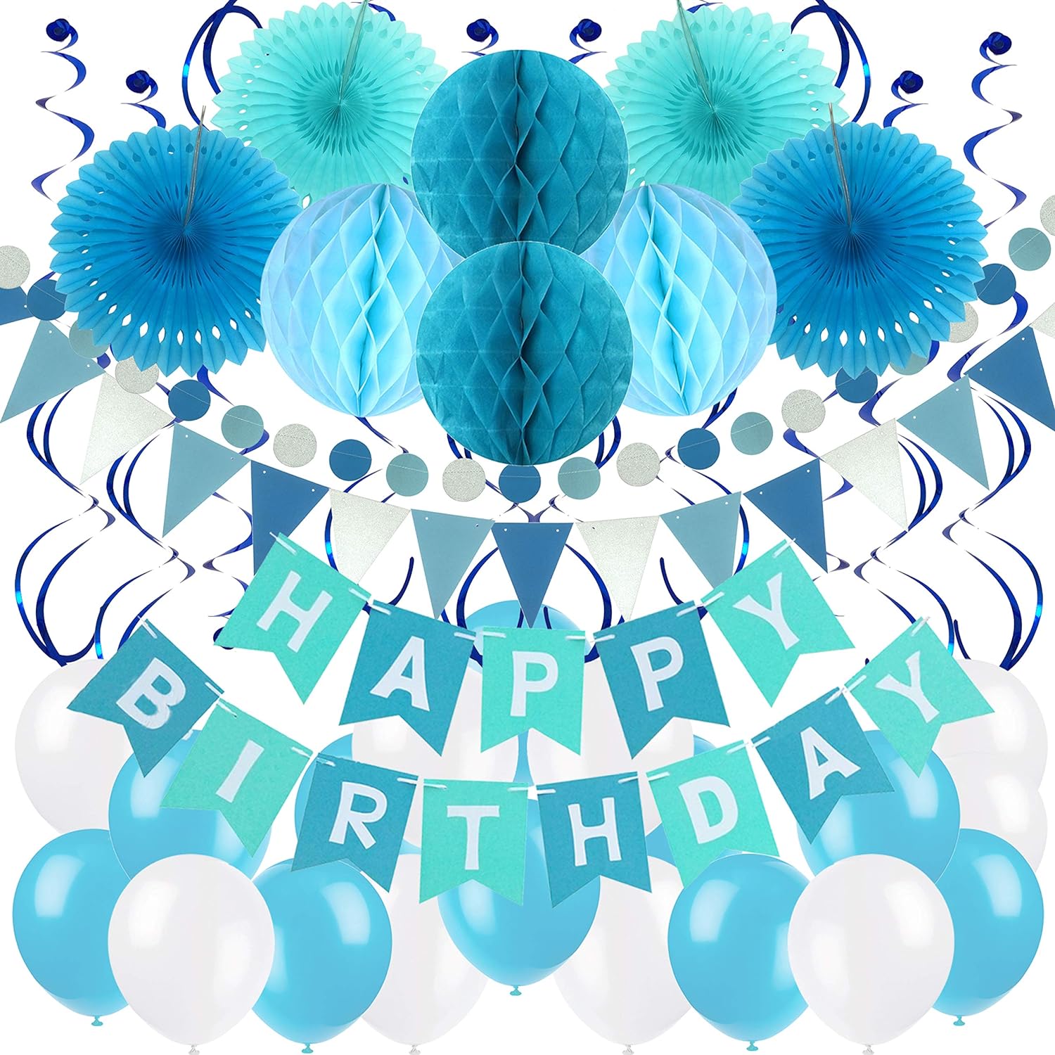 ZERODECO Birthday Party Decoration, Happy Birthday Banner with Paper Fans, Honeycomb Balls, Triangular Pennants, Circle Paper Garland, Hanging Swirls and Balloons - Blue, Sky Blue and White
