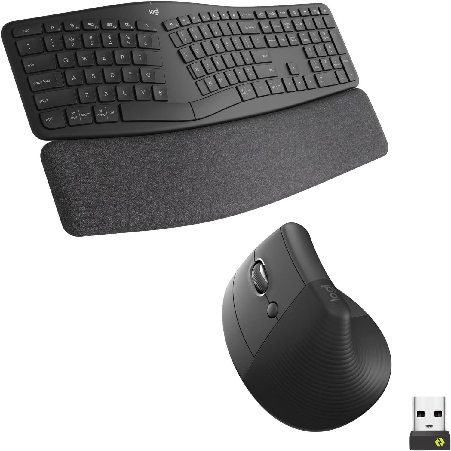 Logitech ERGO K860 Split Wireless Keyboard with wrist support and Lift Left Vertical Ergonomic Mouse, Left-handed, Bluetooth, USB receiver, Quiet, Windows/macOS/iPadOS, Laptop, PC - Graphite