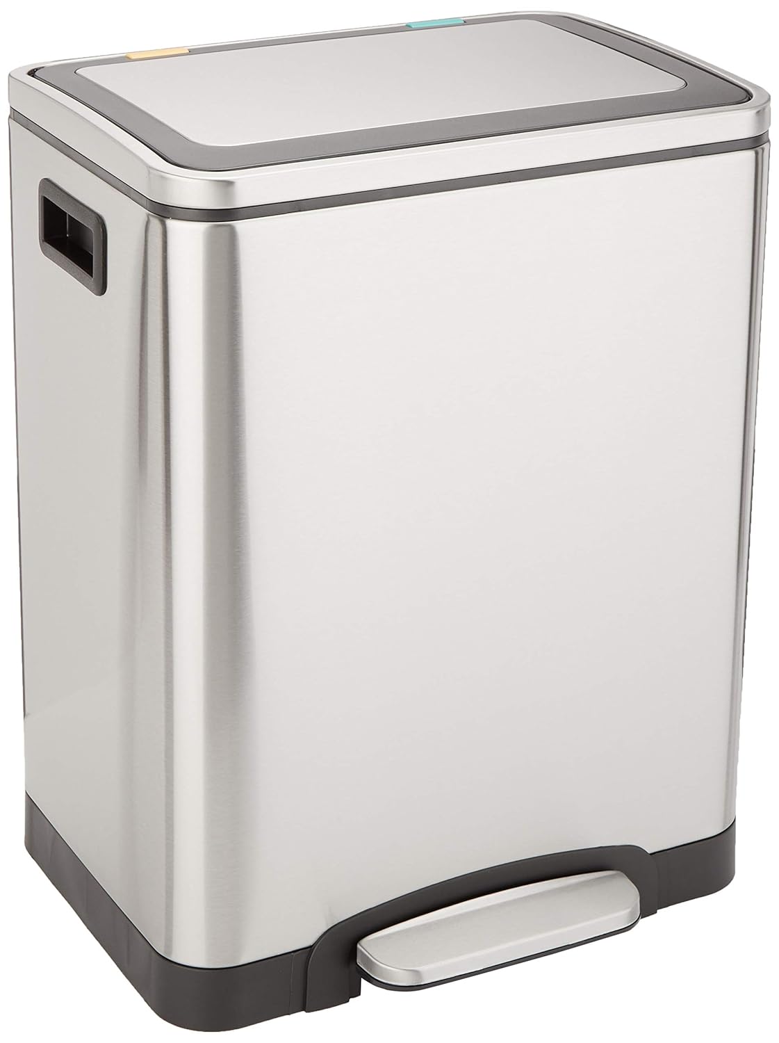 Amazon Basics Dual Bin Rectangular Trash Can With Soft-Close Foot Pedal, 30-Liter (2 x 15 Liter Interior Bins), 20.5 x 13 x 15.7 Inches (H x D x W), Brushed Stainless Steel