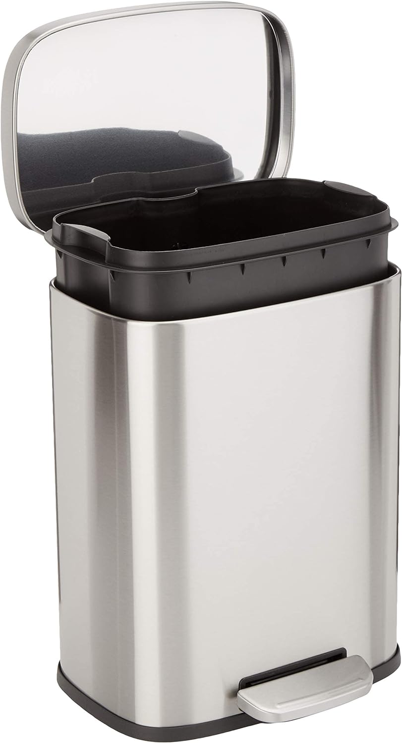 Amazon Basics Smude Resistant Small Rectangular Trash Can With Soft-Close Foot Pedal, Brushed Stainless Steel, 12 Liter/3.1 Gallon, Satin Nickel Finish, 11.3"L x 9.9"W x 15.1"H