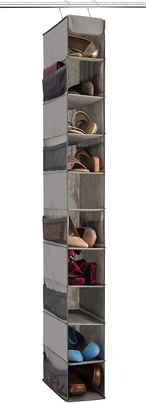 ZOBER Hanging Shoe Organizer for Closet, 10-Shelf Hanging Shoe Rack W/Side Mesh Pockets, 1 Pack Space Saving Shoe Holder (Grey), 11.5x5x52 in