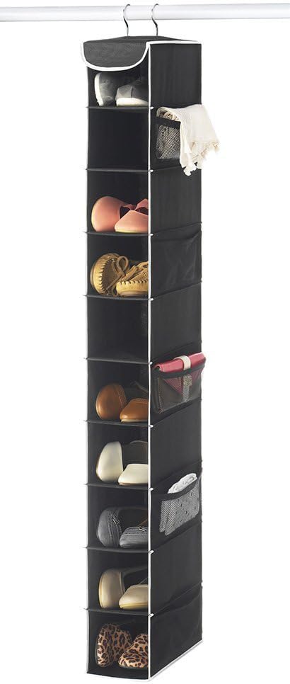 ZOBER Hanging Shoe Organizer for Closet - 10-Shelf Hanging Shoe Rack W/Side Mesh Pockets - 1 Pack Space Saving Shoe Holder (Black)